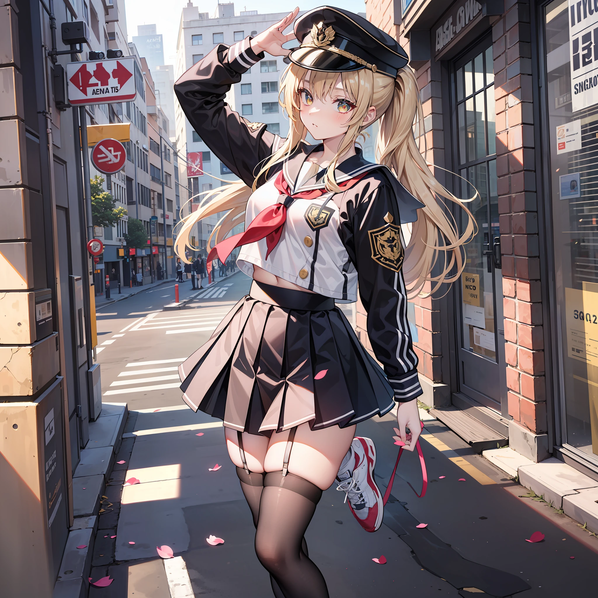 A high resolution,the detail,JK school uniform,wear cap,High ponytail,whaite hair,High school girl,full bodyesbian,Sassy and heroic,Golden pupils,long whitr hair,athletic sneakers,black lence stockings,Slightly fat,