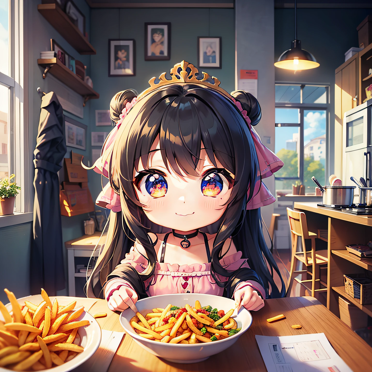 perfect-composition、Perfect pictorial composition、Cartoon girl with long hair、cartoon artstyle、Cartoon Cute Girl、Chibi Girl、Chibi、cute cartoon style、Cute art style、Cartoon style、Cartoon style illustration、Digital art of cartoons、Cute digital art、Cute anime girl、Chibi、estilo chibi、Kawaii Girl、an anime drawing、pop-art、Cartoon style illustration、3Equivalent、Head large、kawaii eyes、radiant eyes、Sparkling eyes、kawaii faces、Innocent face、smooth hair、Black hair、Black hair、Potato fries、french fried、French fries in cooking、kindly smile、Eat french fries、inside in room