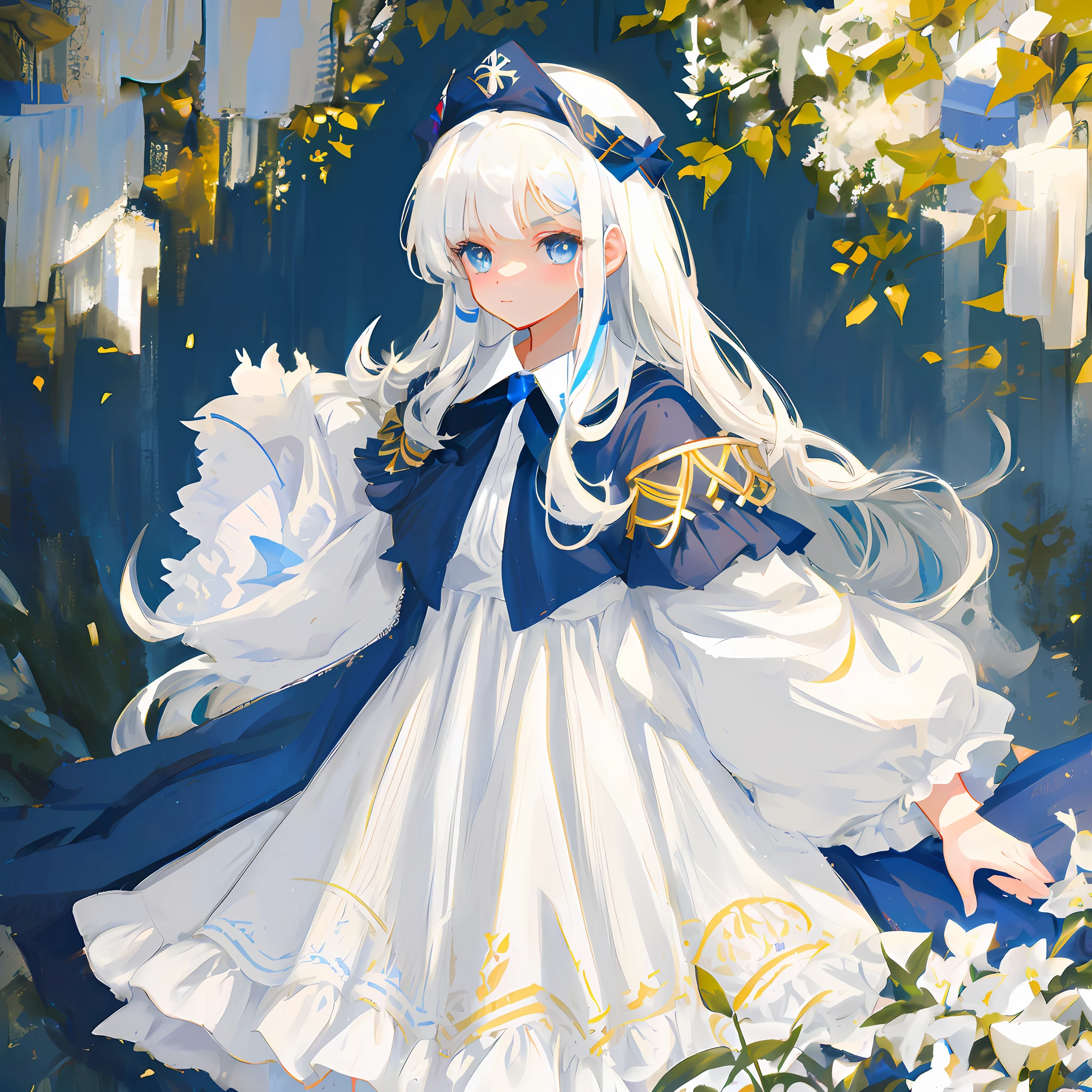 anime girl in a white dress and blue cape with flowers, trending on artstation pixiv, Guweiz in Pixiv ArtStation, white-haired god, cute anime waifu in a nice dress, in dress, Digital art on Pixiv, zerochan art, Guweiz on ArtStation Pixiv, Beautiful anime art, Beautiful anime artwork