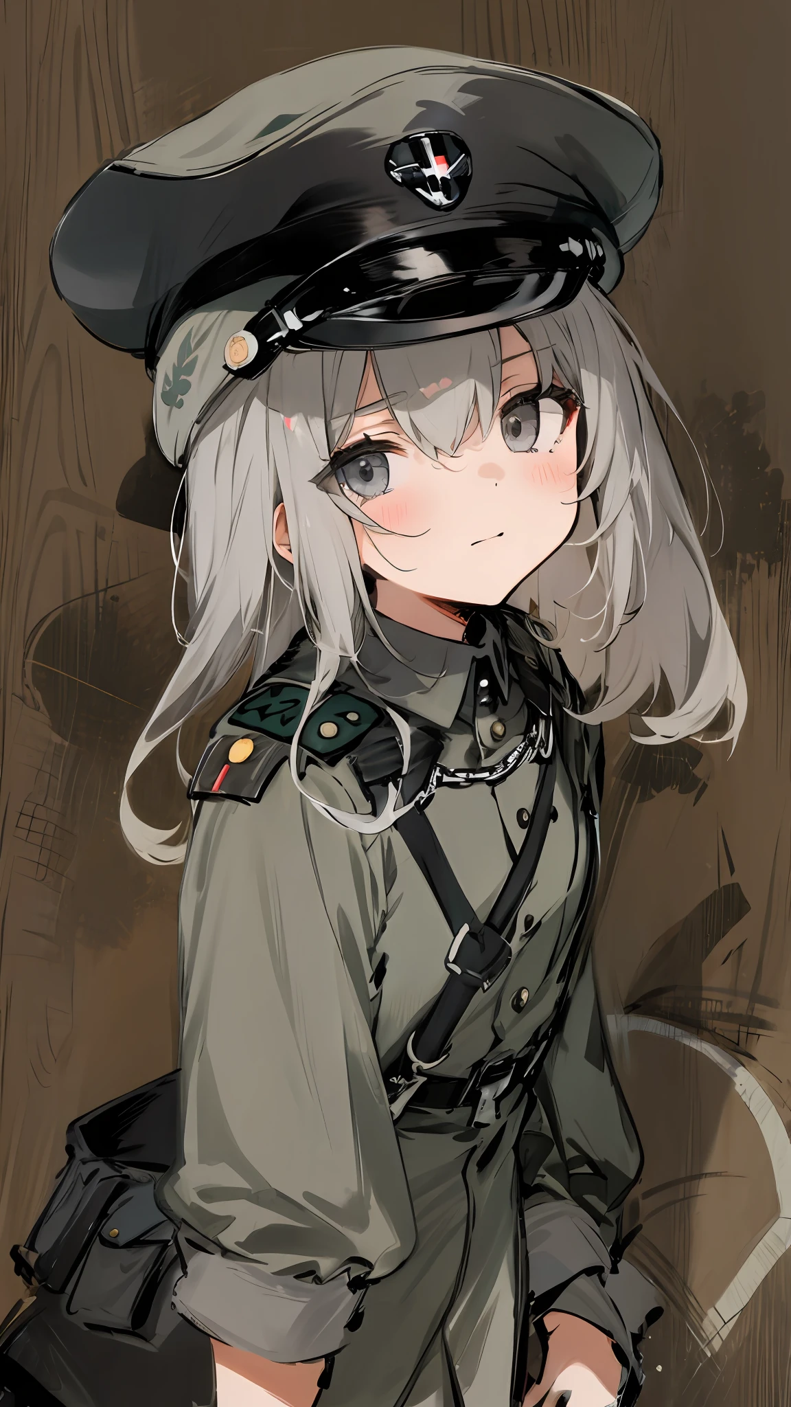 Light gray hair，dark gray eyes，handcuff，Petite girl，The face is solemn，Military caps and uniforms，Fascist Nazis，The right eye is blocked by hair