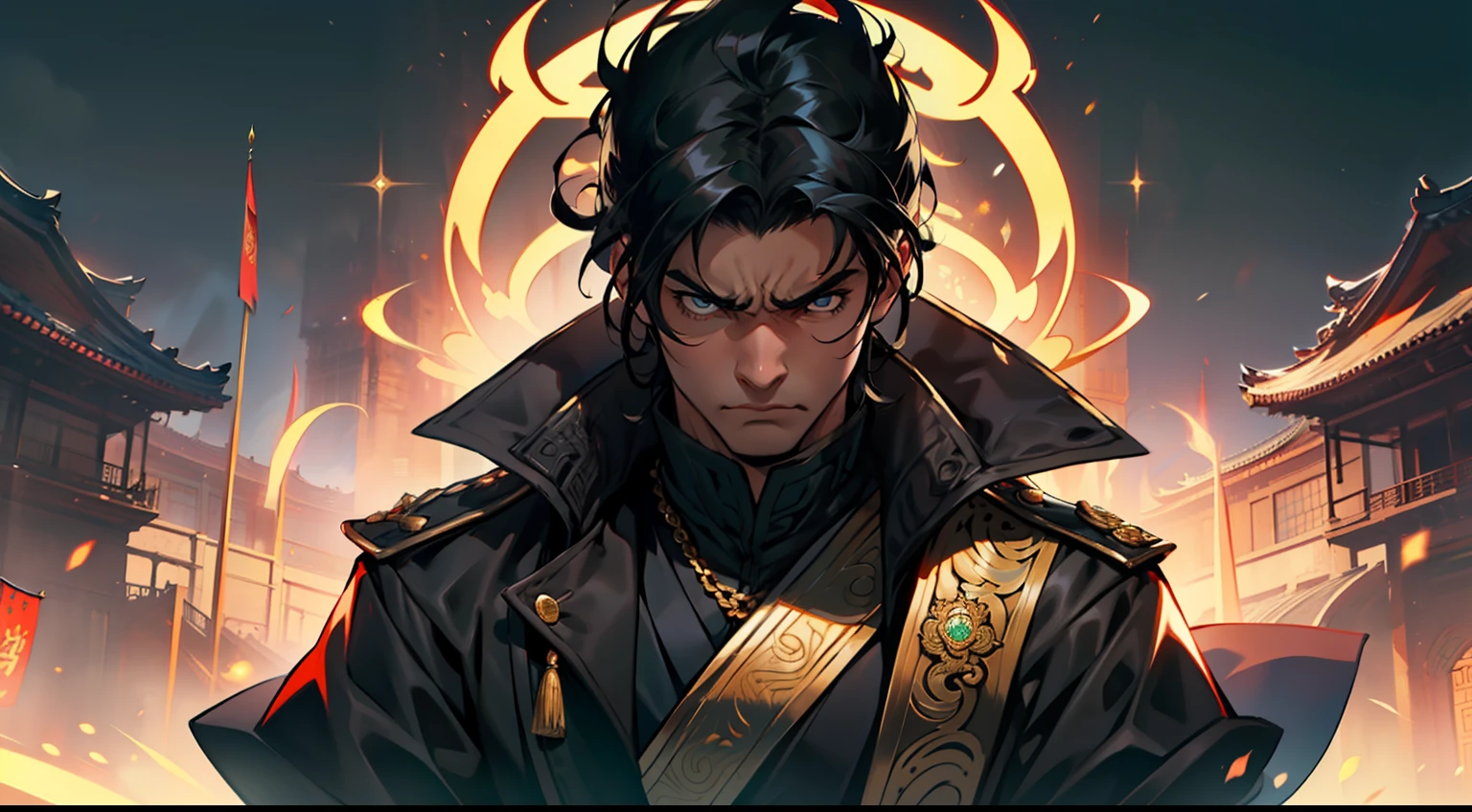 30. (The boy, with (((Black hair))), dressed in a black coat, his kingly air and outstanding demeanor intact, shouts angrily) (Background: A magnificent ancient imperial palace, resplendent with gold and jade).