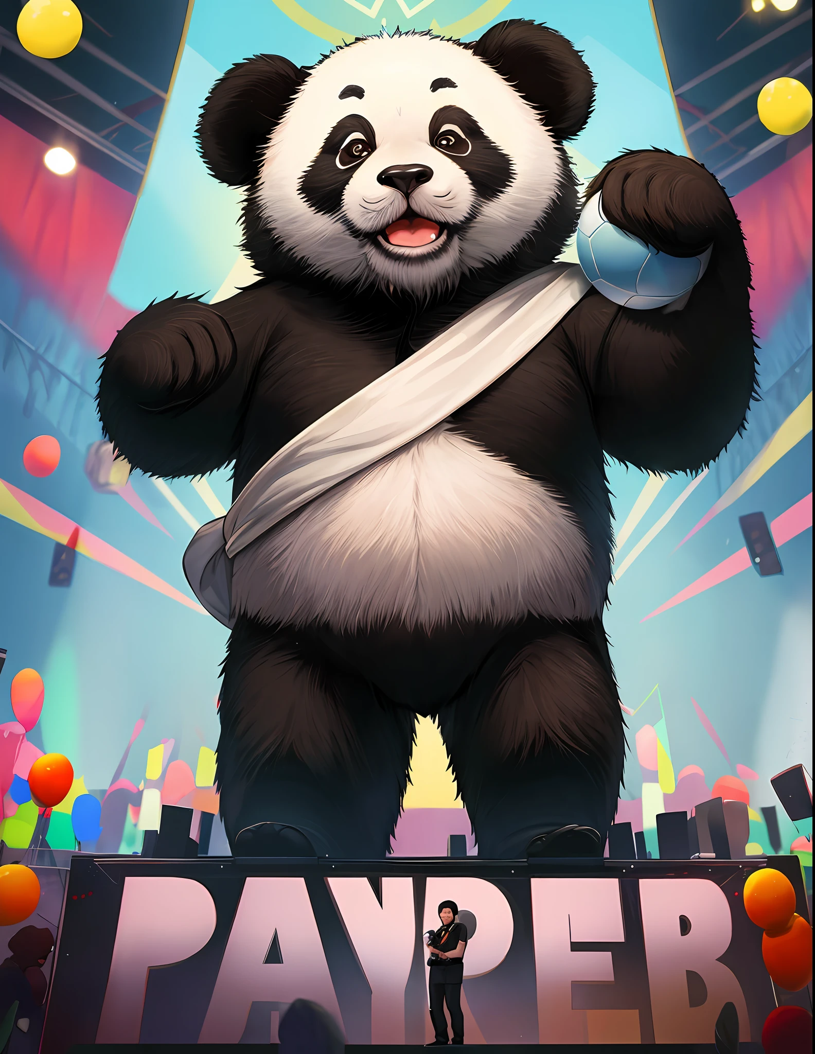 Q version of giant panda standing on stage with a ball