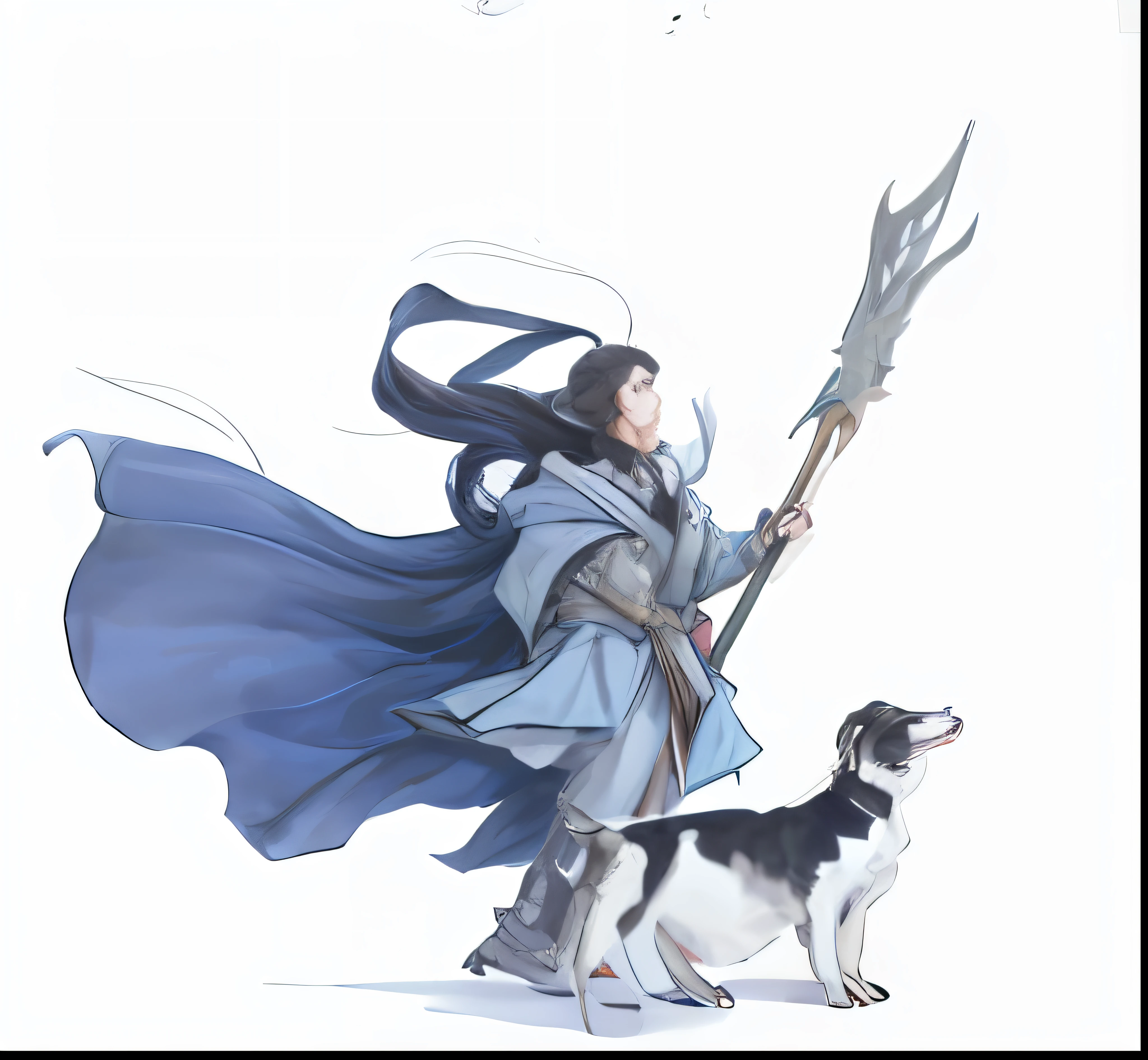 The image of Araved of a man with a scythe and a dog, spirit fantasy concept art, Artorias, yiqiang and shurakrgt, Gandalf rides a border collie, blue tiefling, wind sorcerer, high fantasy concept art, concept art of a warrior, inspired by Kanō Hōgai, Drow, concept-art