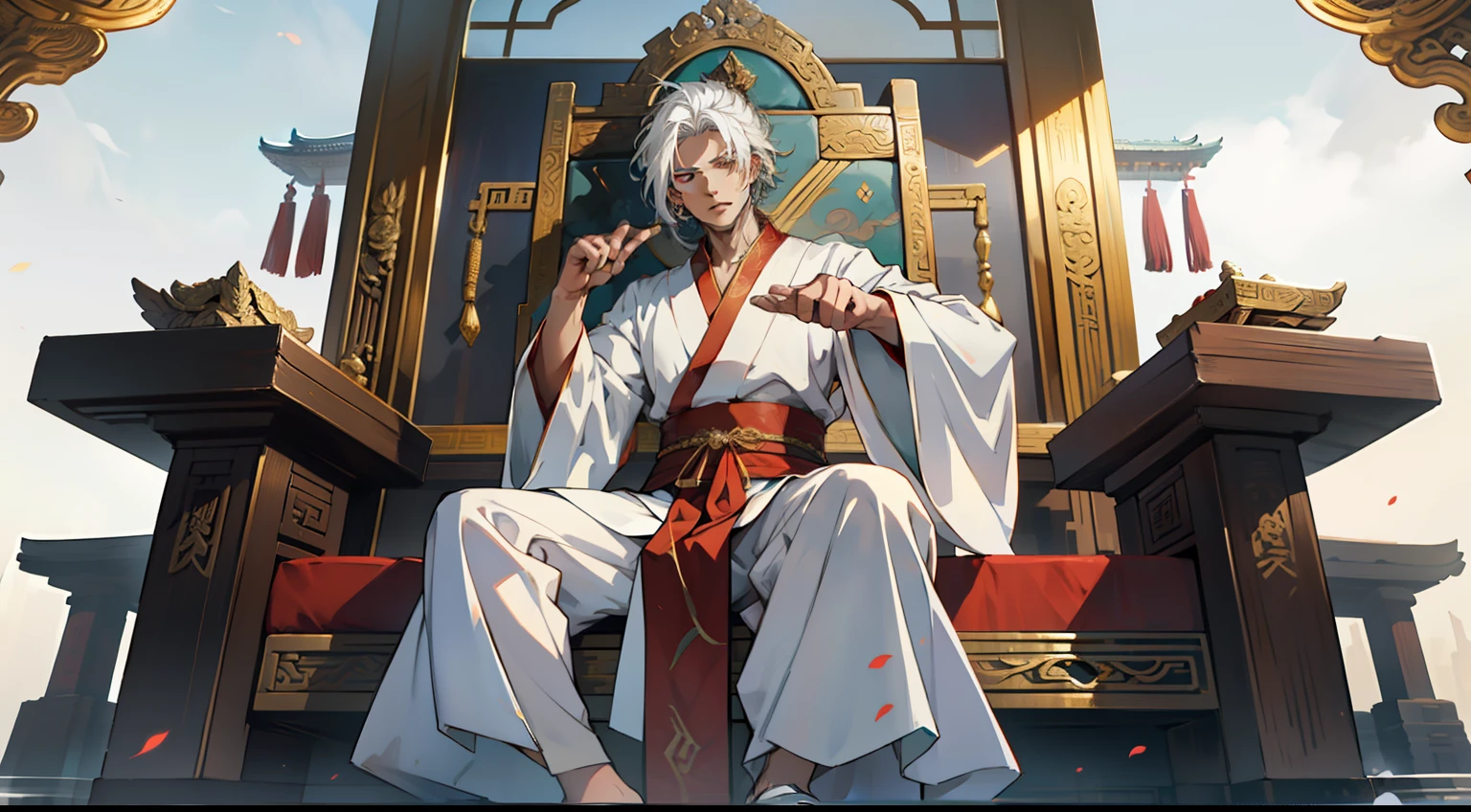 31. (The boy, with (((white hair))), dressed in white Hanfu, sits on the sacred throne, pointing down with his hand) (Background: A magnificent ancient imperial palace, resplendent with gold and jade).