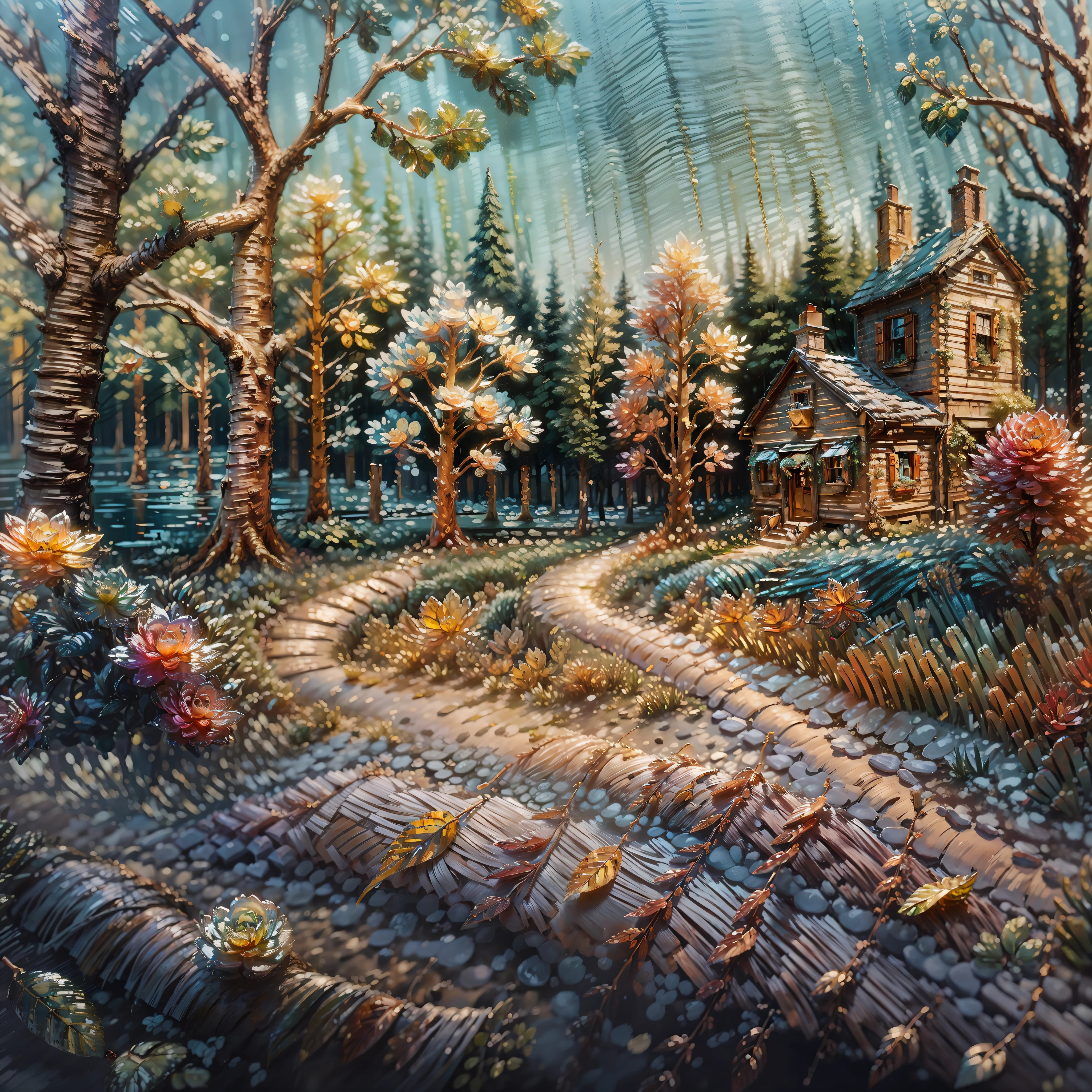 Workshop seams, Beautiful landscape painting, A unique image, Claude Monet, sewn trifles, Soft mist, wooded area, brick, Gentle character, Warm sun, Fallen leaves on the ground, blue skies, Sun light:1.2