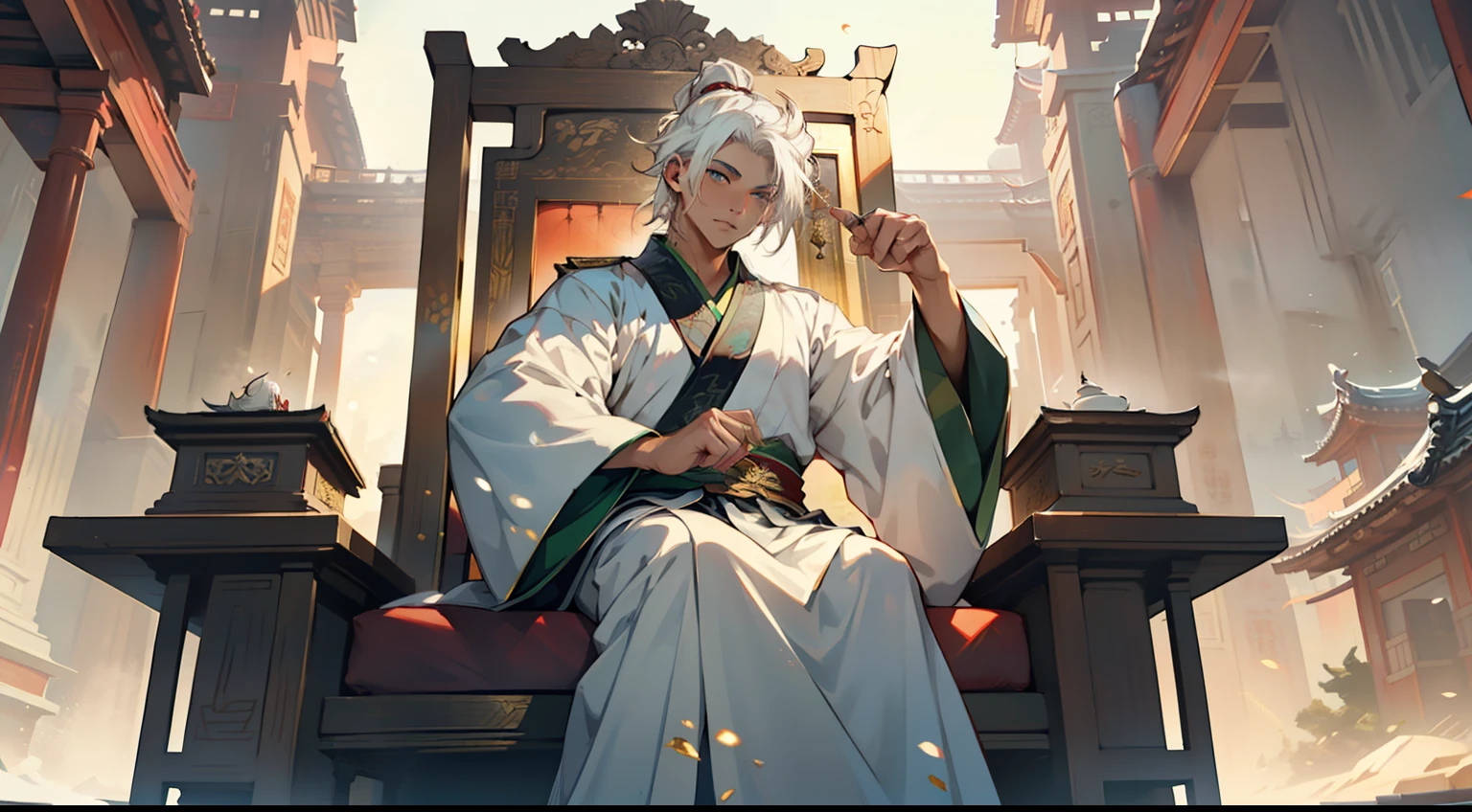 31. (The boy, with (((white hair))), dressed in white Hanfu, sits on the sacred throne, pointing down with his hand) (Background: A magnificent ancient imperial palace, resplendent with gold and jade).