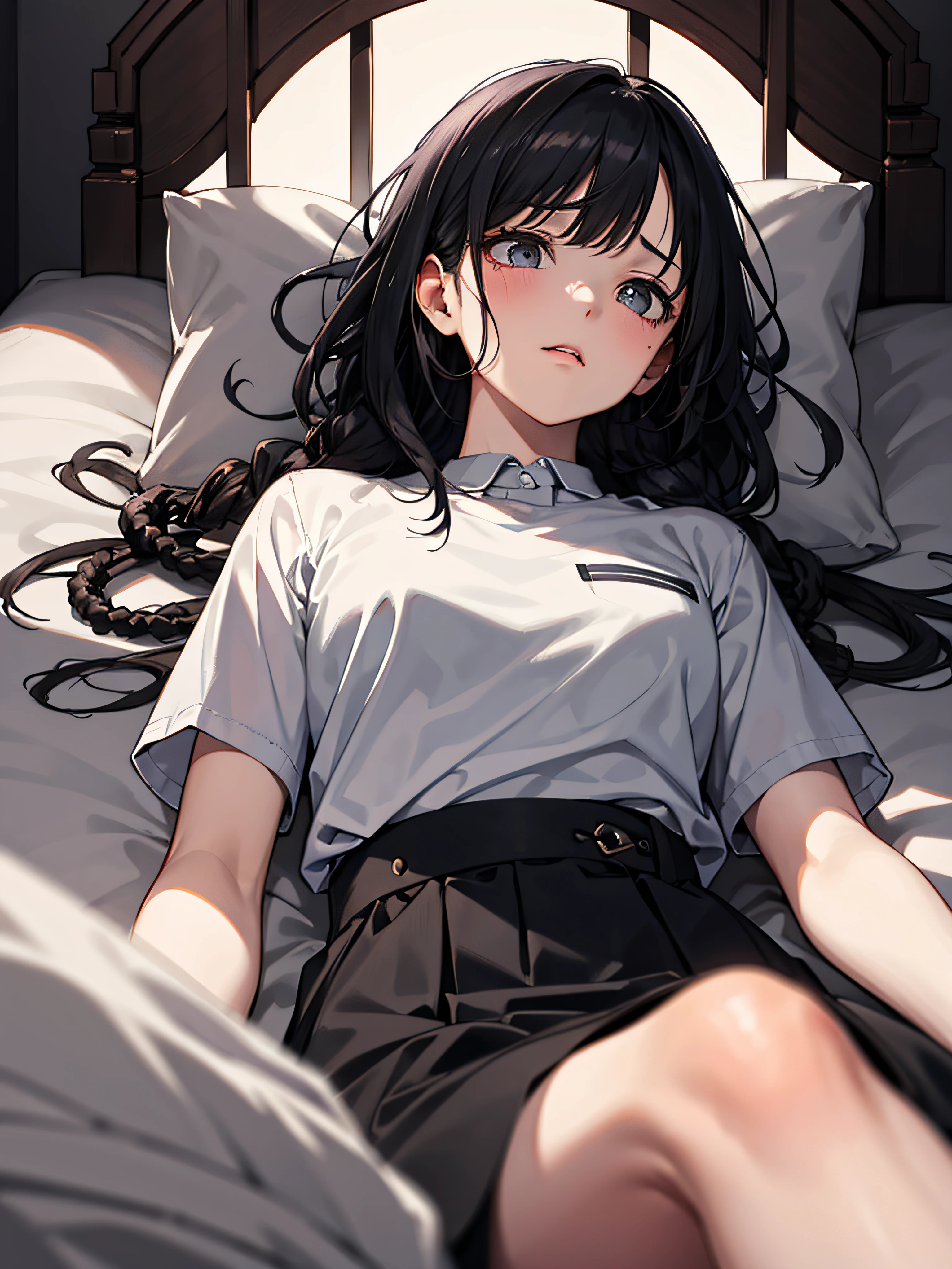 tmasterpiece,best qualtiy,exquisitedetails),1girll,terrifed,weeping,Black short sleeves,Black hair,laying on a hotel bed,go to bed,The atmosphere is eerie,Ghastly,dreads,The lighting is dim