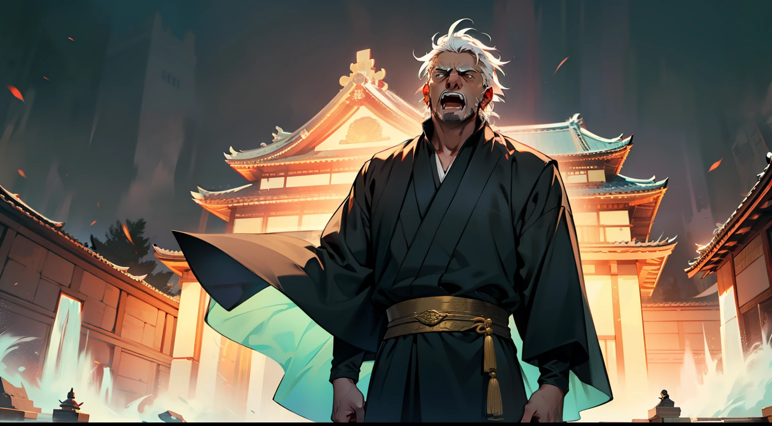 32. (A middle-aged man in black clothes and white hair shouts worriedly) (Background: A magnificent ancient imperial palace, resplendent with gold and jade).