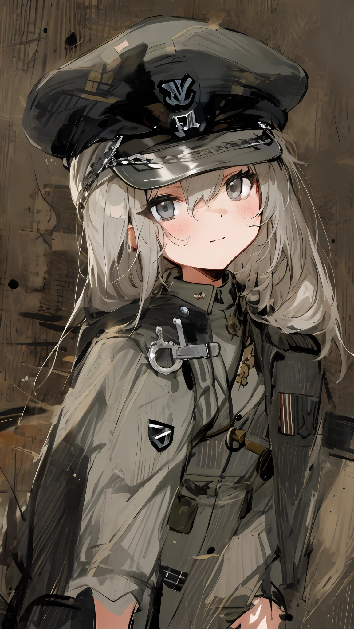 Light gray hair,dark gray eyes,handcuff,Petite girl,The face is solemn,Military caps and uniforms,Fascist Nazis,The right eye is blocked by hair