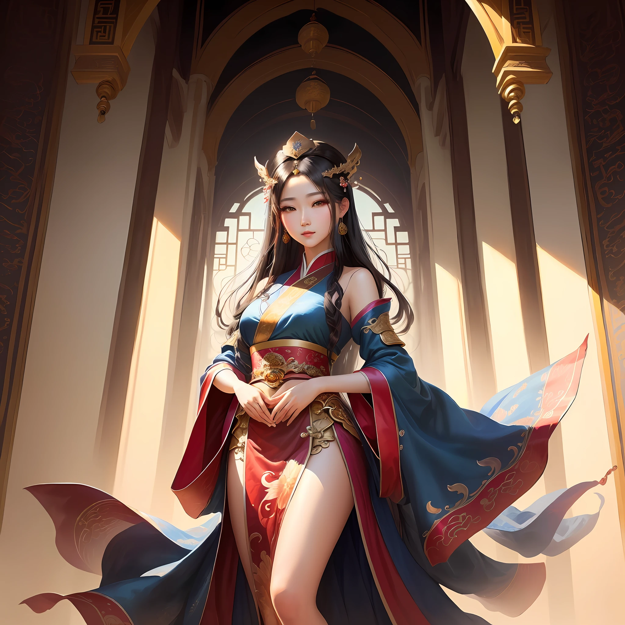 There are four photographs of women in oriental clothing, Palace ， A girl in Hanfu, Beautiful character painting, Fantasy art style, a beautiful fantasy empress, Inspired by Lan Ying, ((a beautiful fantasy empress)), Beautiful digital artwork, inspired by Du Qiong, Flowing robes, A beautiful artwork illustration, by Yang J, Inspired by Qiu Ying, Princesa chinesa antiga