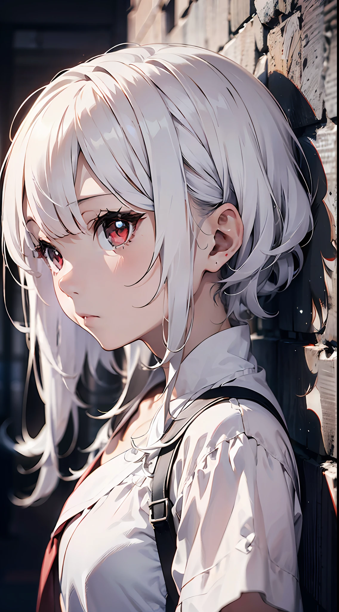 White hair、red eyes、robe blanche、white backgrounid。 (Selective Color red:1.5)
