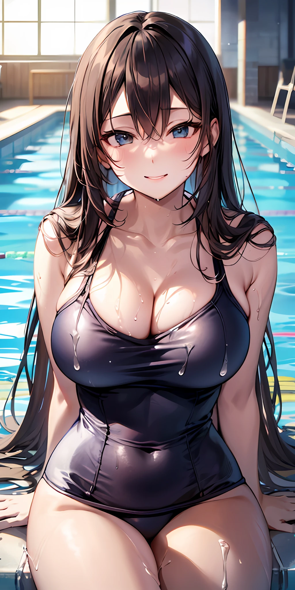 1 persons, 独奏, The long-haired,, cleavage of the breast, thighs thighs thighs thighs, (School swim wear), erotic posing, A slight smil, Fine hands, swimming pools, (sodden:1.2)