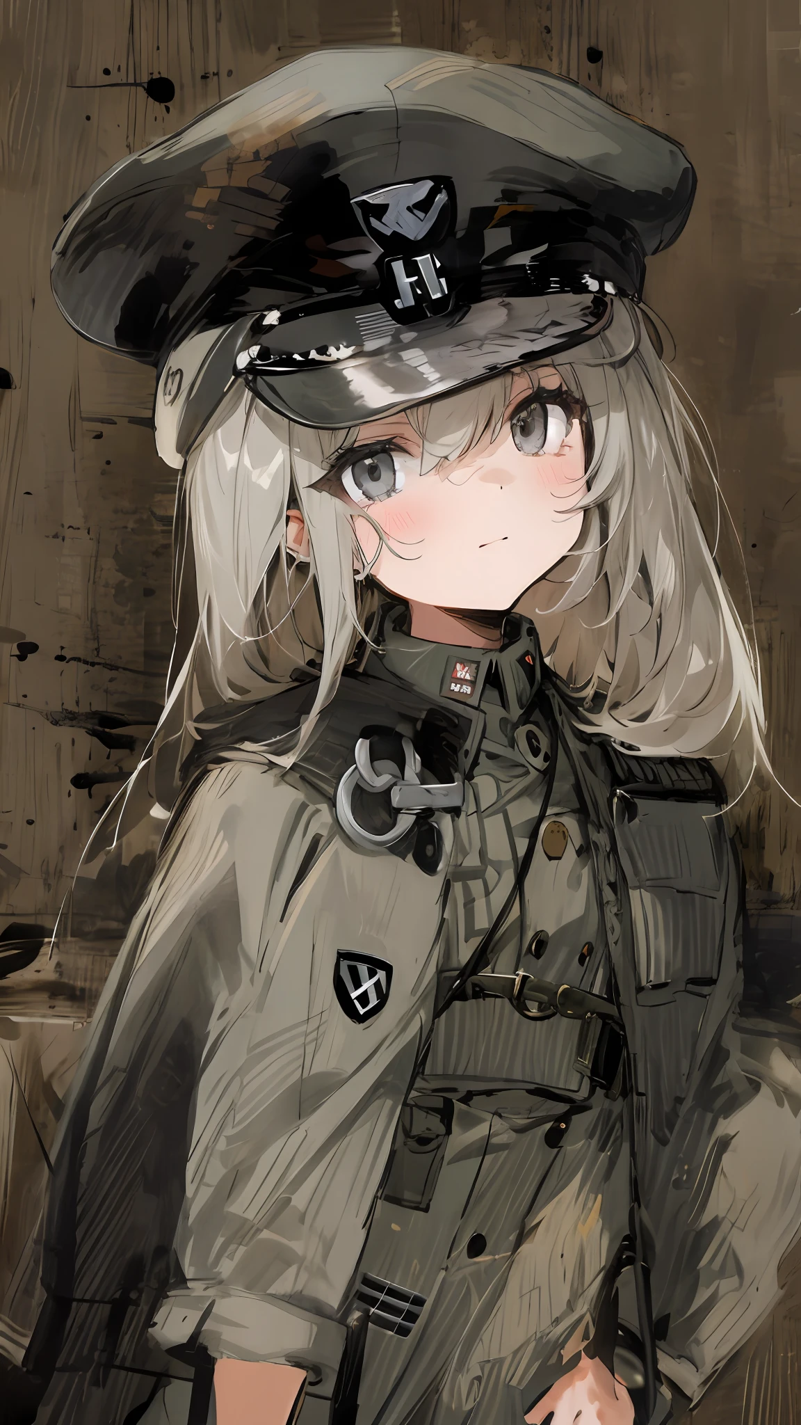 Light gray hair，dark gray eyes，handcuff，Petite girl，The face is solemn，Military caps and uniforms，Fascist Nazis，The right eye is blocked by hair