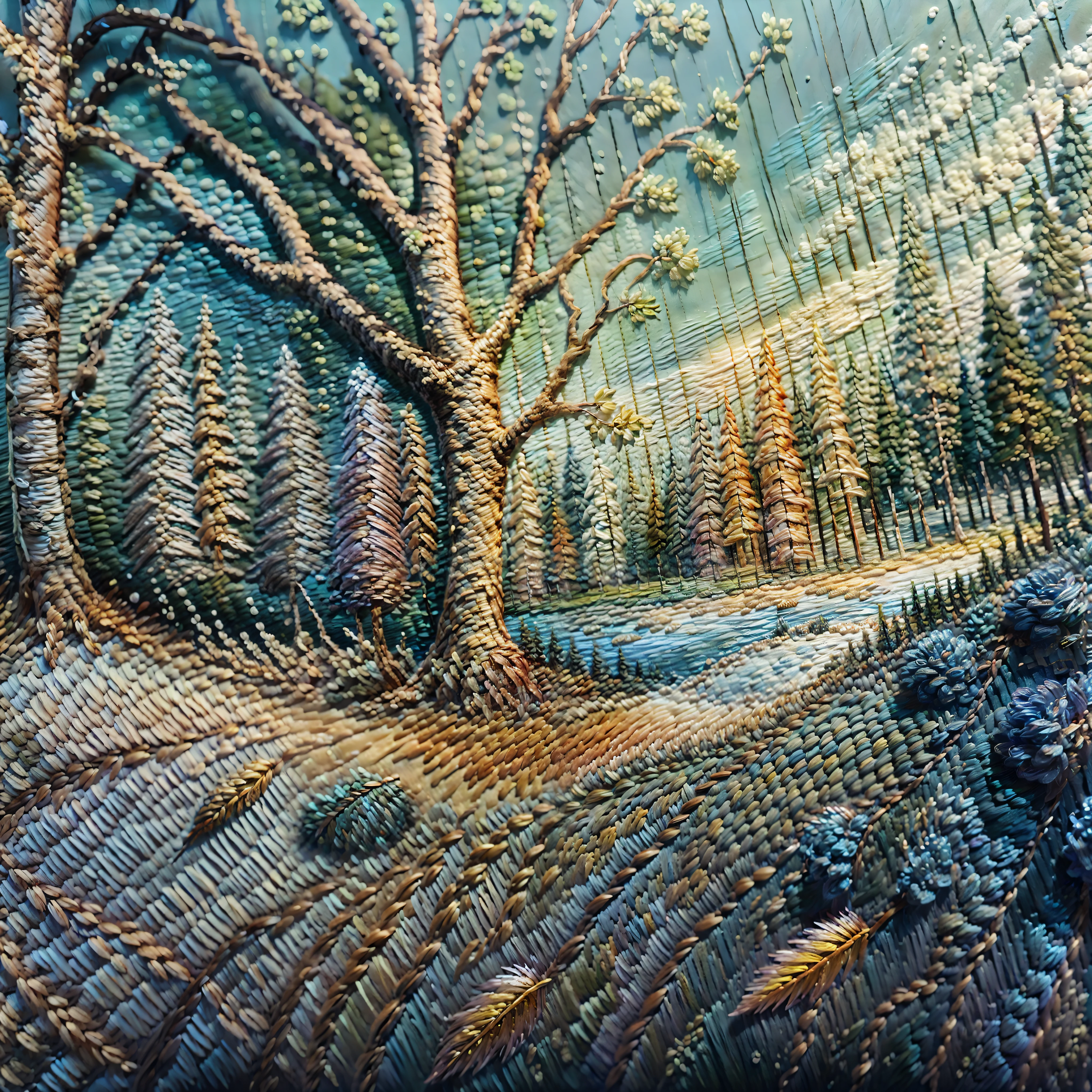 Workshop seams, Beautiful landscape painting, A unique image, Claude Monet, sewn trifles, Soft mist, wooded area, brick, Gentle character, Warm sun, Fallen leaves on the ground, blue skies, Sun light:1.2
