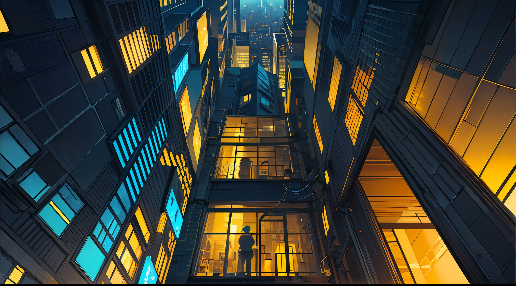 (Cover design:1.3),abstracted,((golden colored,cyan colors, Need, tmasterpiece:1.3)),((city night scene, the roof:1.3)),Anti-safety zone