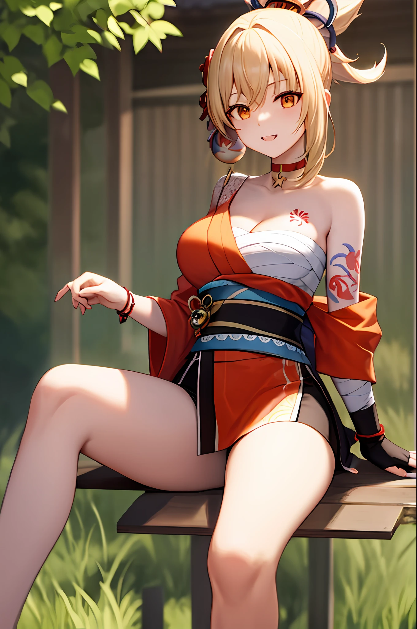 masterwork、best、Hi-Res、1 female、a blond、Medium hair、Asymmetrical hair、Floating hair、blindfolds、High ponytail、side locks、hair adornments、Fish hair ornament、tassels、kanzashi、bangss、Orange-eyed、beginning、ssmile, tusk, Only the upper teeth, a choker, a red choker, Pendant Choker, Butterfly Choker, 鎖骨, The tattoo, Chest Tattoo, Flower tattoo, cleavage of the breast, middlebreast, thighs thighs thighs thighs, bandaged, Bandaged Legs, sarashi, Budget sarashi, Breast sarashi, Black sash、 Hadanugi Dosa 、 Broomstick 、 komono 、 kimono 、 Drawstring 、 obi 、 Obiage 、 Obi tightening 、 Orange kimono 、 Drawstring 、 Patterned kimono 、 noose 、 obi 、 Shimenawa 、 short kimono 、 Piece bare shoulders 、 phantom（Genshin） 、 East Asian Architecture 、cherry trees, single glove, Single fingerless gloves, wristbands, Sit up, cross one's legs,opening legs，Blowjob