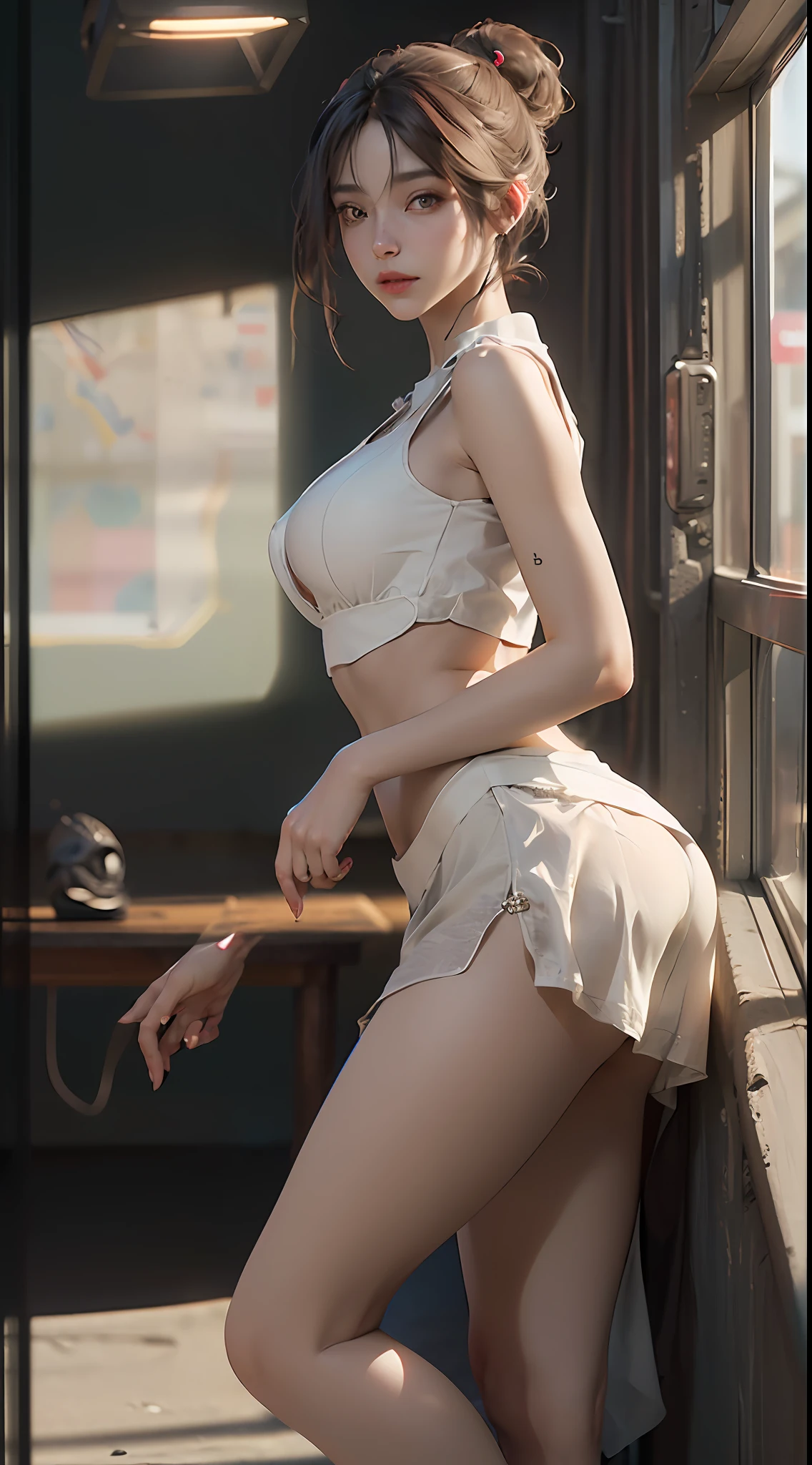 (Best Quality), ((Masterpiece), (Detail: 1.4), 3D, A Beautiful Cyberpunk Woman, HDR (High Dynamic Range), Ray Tracing, NVIDIA RTX, Super-Resolution, Unreal 5, Subsurface Scattering, PBR Textures, Post-Processing, Anisotropic Filtering, Depth of Field, Maximum Sharpness and Clarity, Multi-layer Textures, Albedo and Highlight Maps, Surface Shading, Precise simulation of light-material interactions, perfect proportions, Octane Render, two-color light, large aperture, low ISO, white balance, rule of thirds, 8K RAW, sexy, nudity, sheer wear, miniskirt