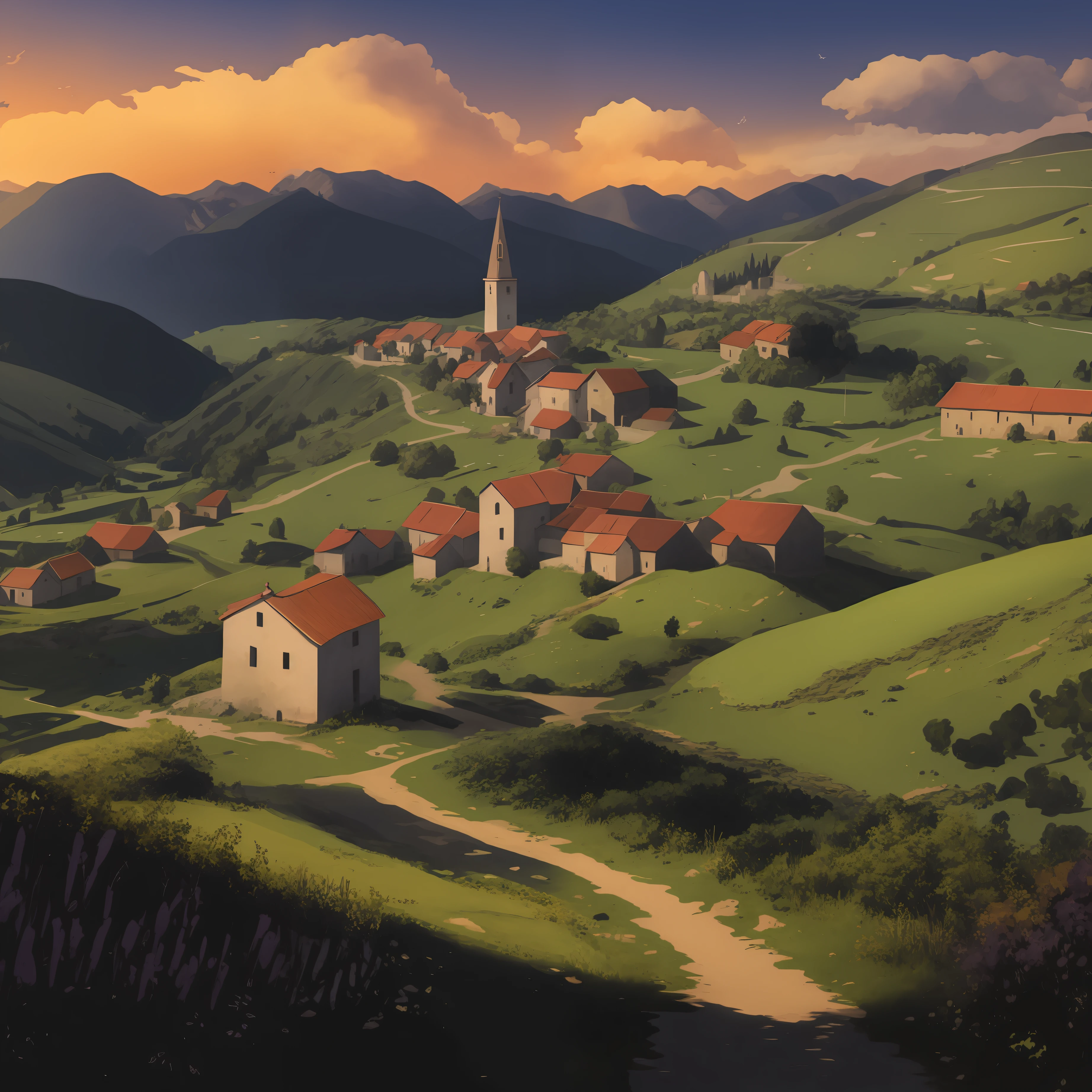 montanhas e campos com uma igreja e um caminho que leva a eles, paisagem campestre anime, Fundo distante da aldeia, Aldeias ， Motor irreal, uma bela paisagem, Paisagem francesa medieval, Arte bonita UHD 4K, 8k arte detalhada de alta qualidade, cena da cidade do campo, Vale encantador, Rural area, Arte de fundo, papel de parede bonito, Arte digital altamente detalhada em 4k, exterior da vila francesa