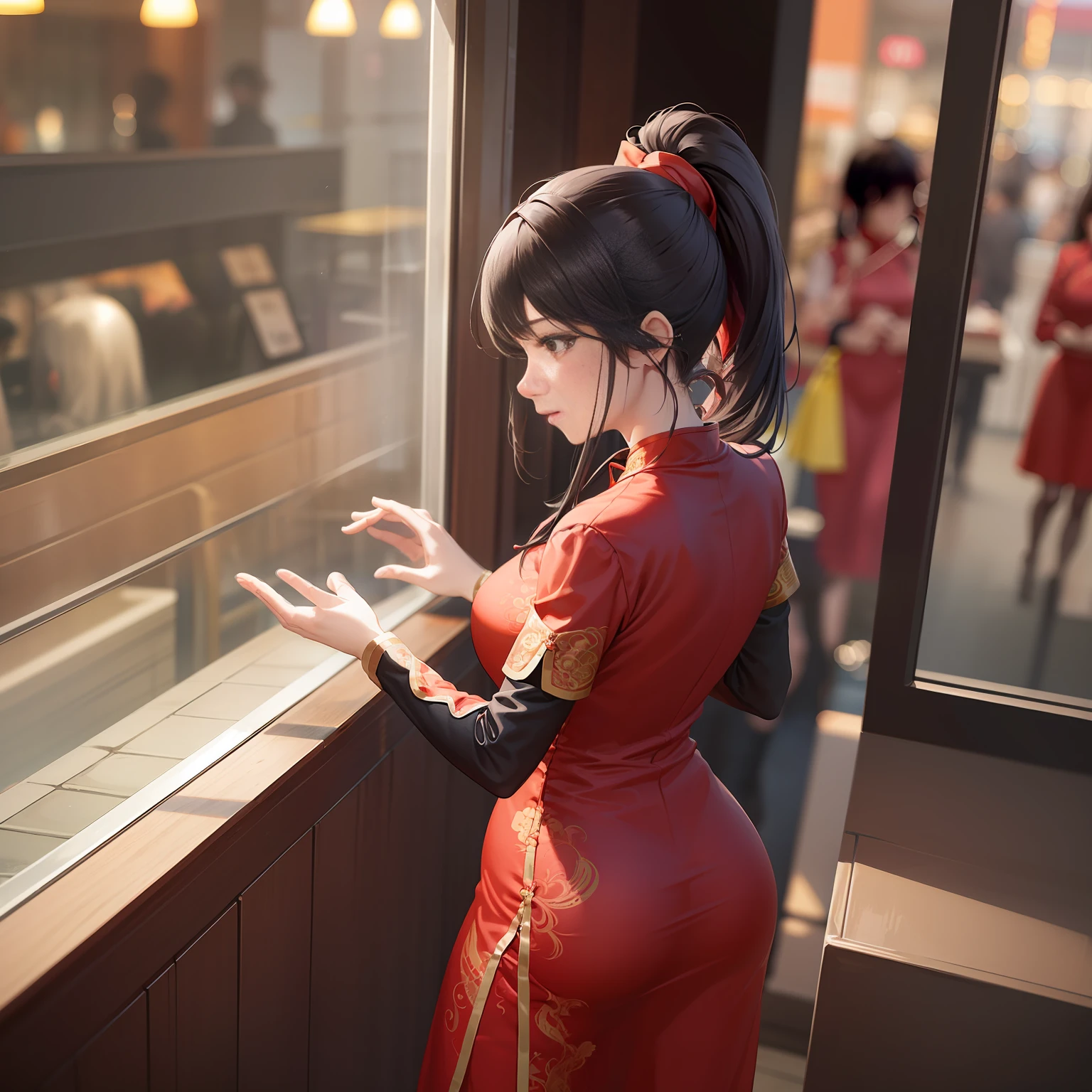 A woman in a red cheongsam，Black hair flowing，A red headband tied with a high ponytail，Dance in the restaurant，Outside the window of the restaurant is a scene of heavy traffic。