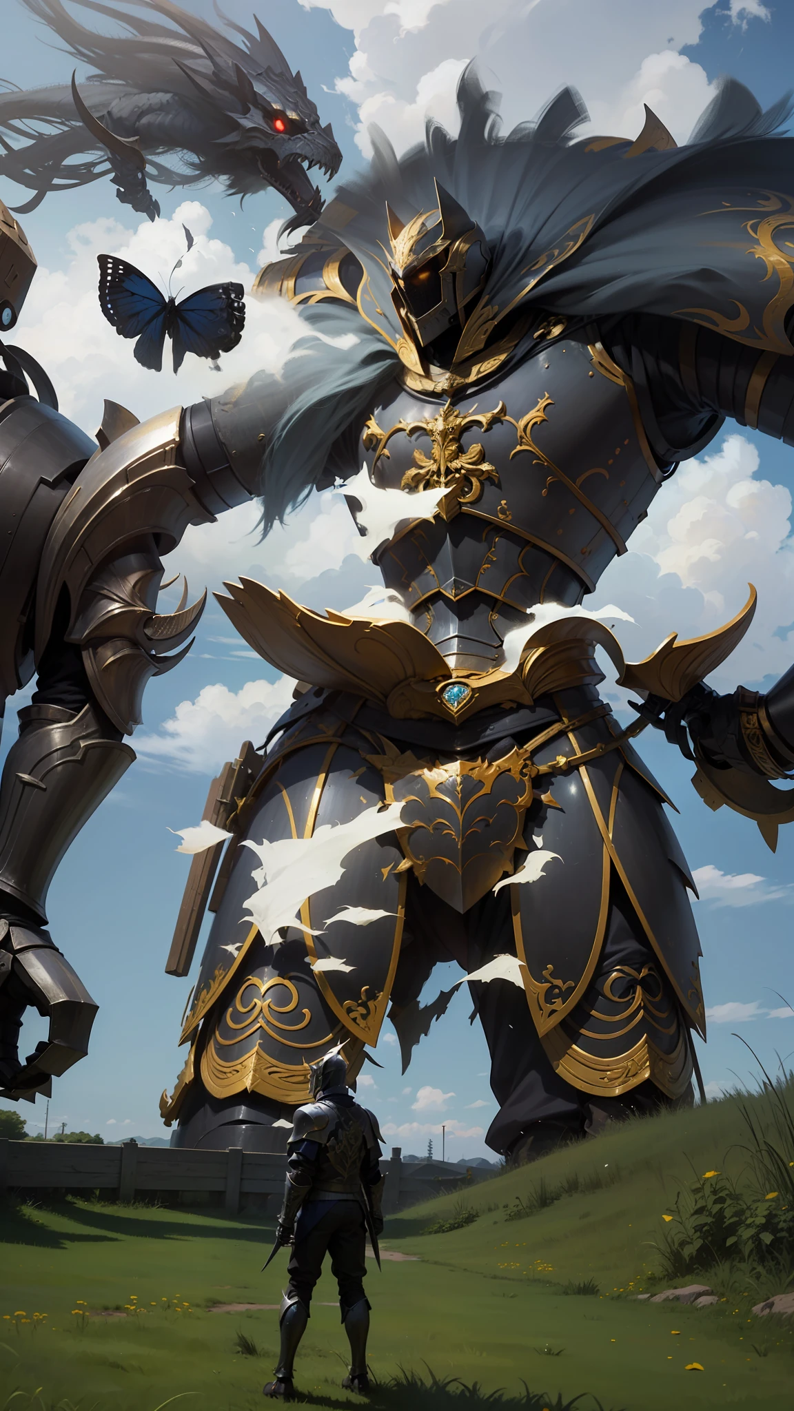 There is a man standing in front of a giant robot, berserk skullknight black armor, intricate ornate anime cgi style, anime highly detailed, highly detailed anime, highly detailed armor, 4 k detail fantasy, heavy gold obsidian armor, Detailed fantasy armor, high detailed official artwork, the golden cat armor knight, Complex fractal armor, heavy fantasy armor, Detailed Armor