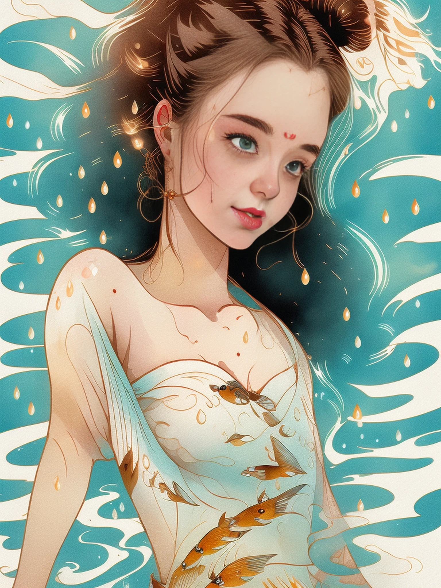 one very beautiful woman,The hair was long,Watery eyes,Halflings,in the water,There are a lot of carp around the woman,Illustration style,Watercolor illustration,There are water droplets,Has tear moles