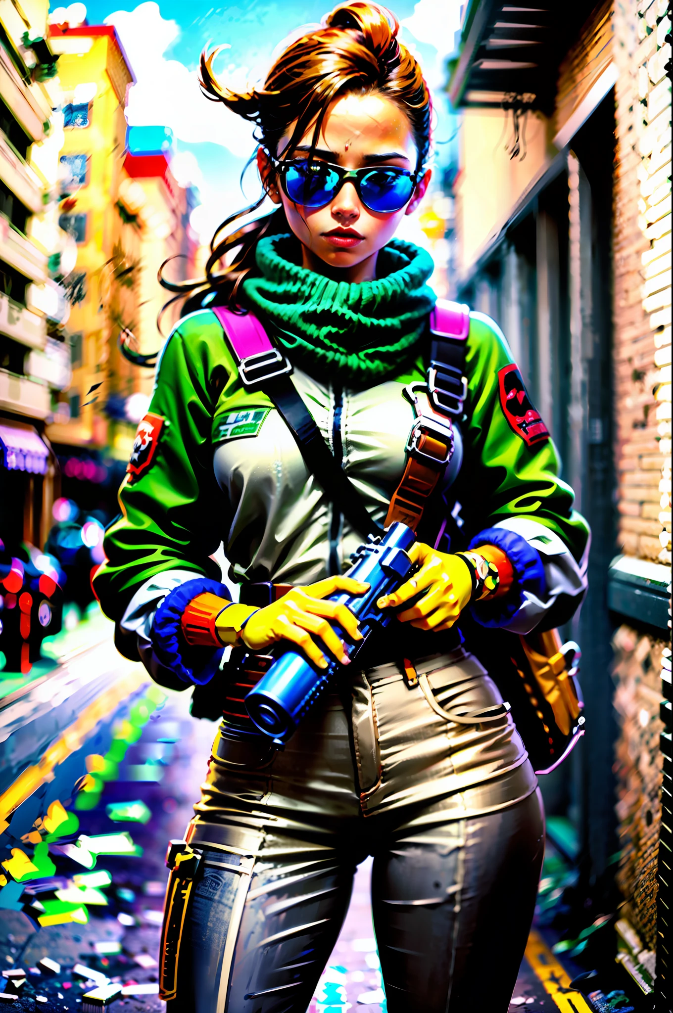 Cammy branco ((rabo de cavalo loiro cinza, sardas, pale skinned, olhos cinzas,delicate and soft lips)), Aviator glasses with transparent yellow lenses, jaqueta de couro (branca com detalhes pretos e vermelhos), regata branca amarrada, military office pants, coturno militar, aponta rifle para o observador, dedo no gatilho, holds gun with hand, sniper position,ao fundo guerra urbana na cidade de Moscou, extremamente realista 1:4