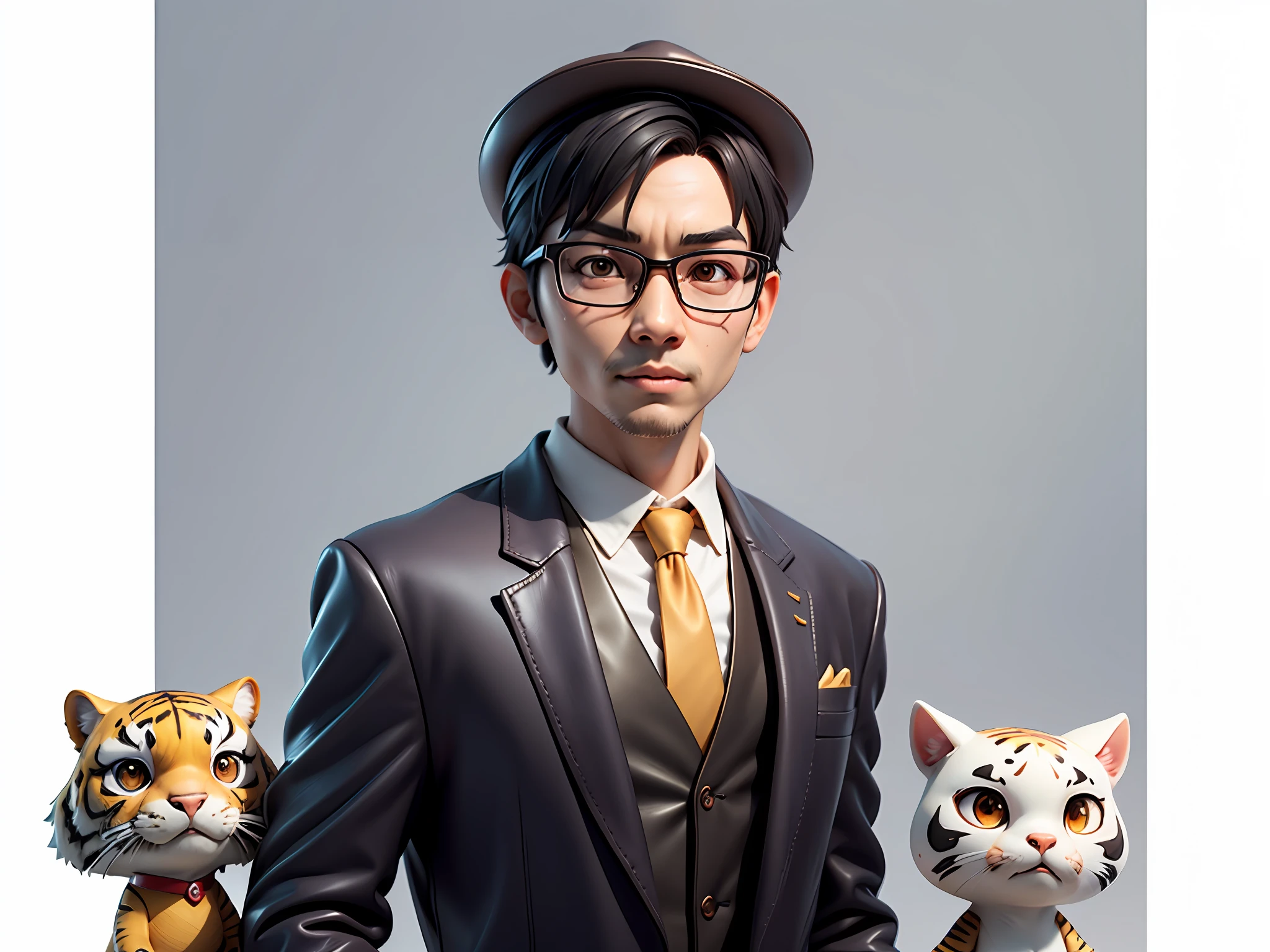 Young man with oriental face in leather hat, tiger, oriental face in formal suit, short black hair, silver glasses, digital painting, 3D character design by Mark Clairedon and Pixar and Hayao Miyazaki and Akira Toriyama, the illustration is a high-definition illustration in 4K resolution with very detailed facial features and cartoon-style visuals.