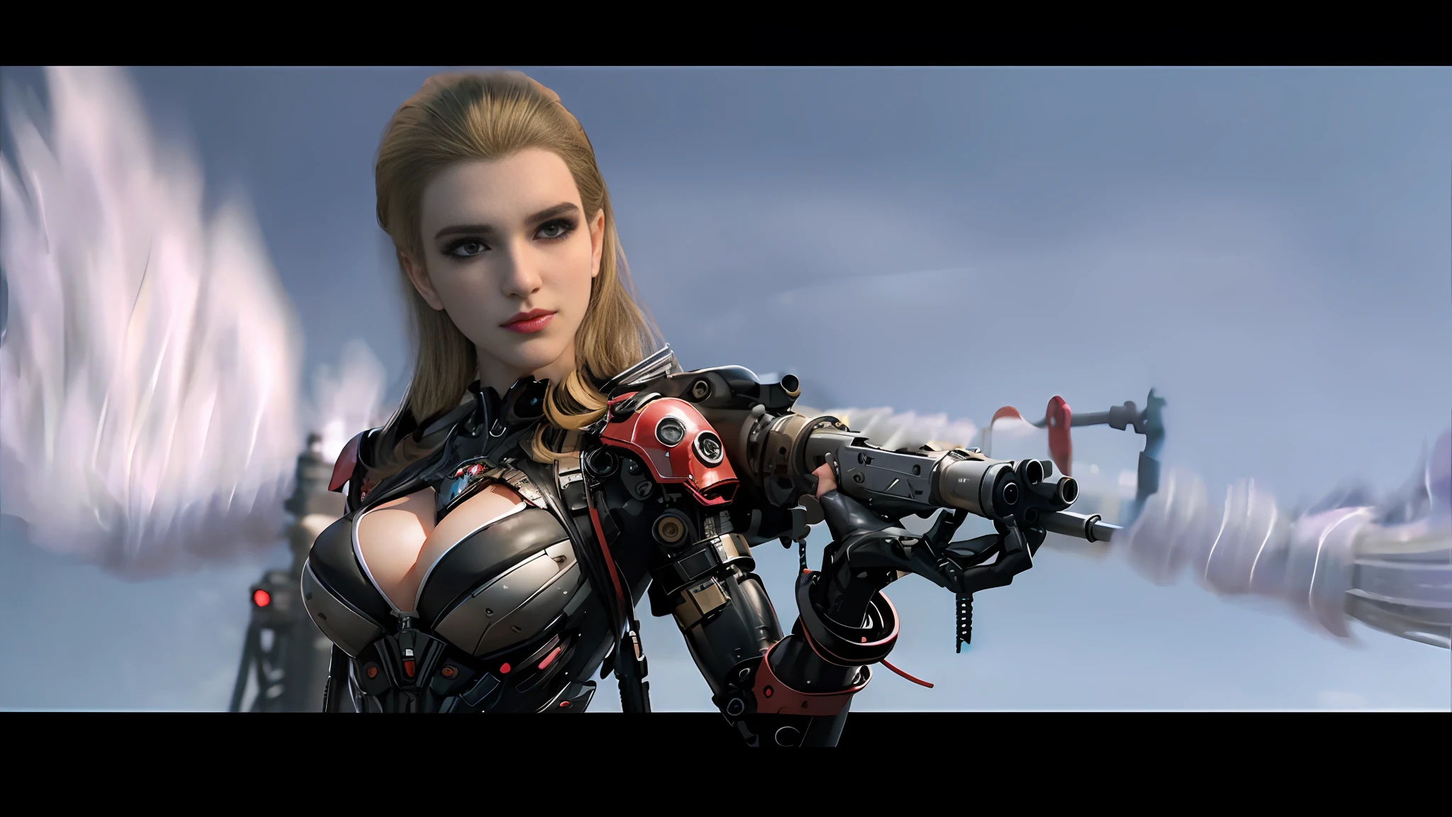 Highest image quality,Outstanding details,超高分辨率,(fidelity:1.4),The best illustration,Favor the details,closeup cleavage,A mech girl,He has a delicate and beautiful face,((Red and white semi-mechanical body:1.8)),(Bigchest:1.2),Raised sexy,navel,cleavage,cyber punk perssonage,Futuristic,mechanically aesthetic,Complex machinery,The background is a high-tech lighting scene in the future city,Virtual Engine 5,Perfect detail rendering,rendering by octane,hyper HD