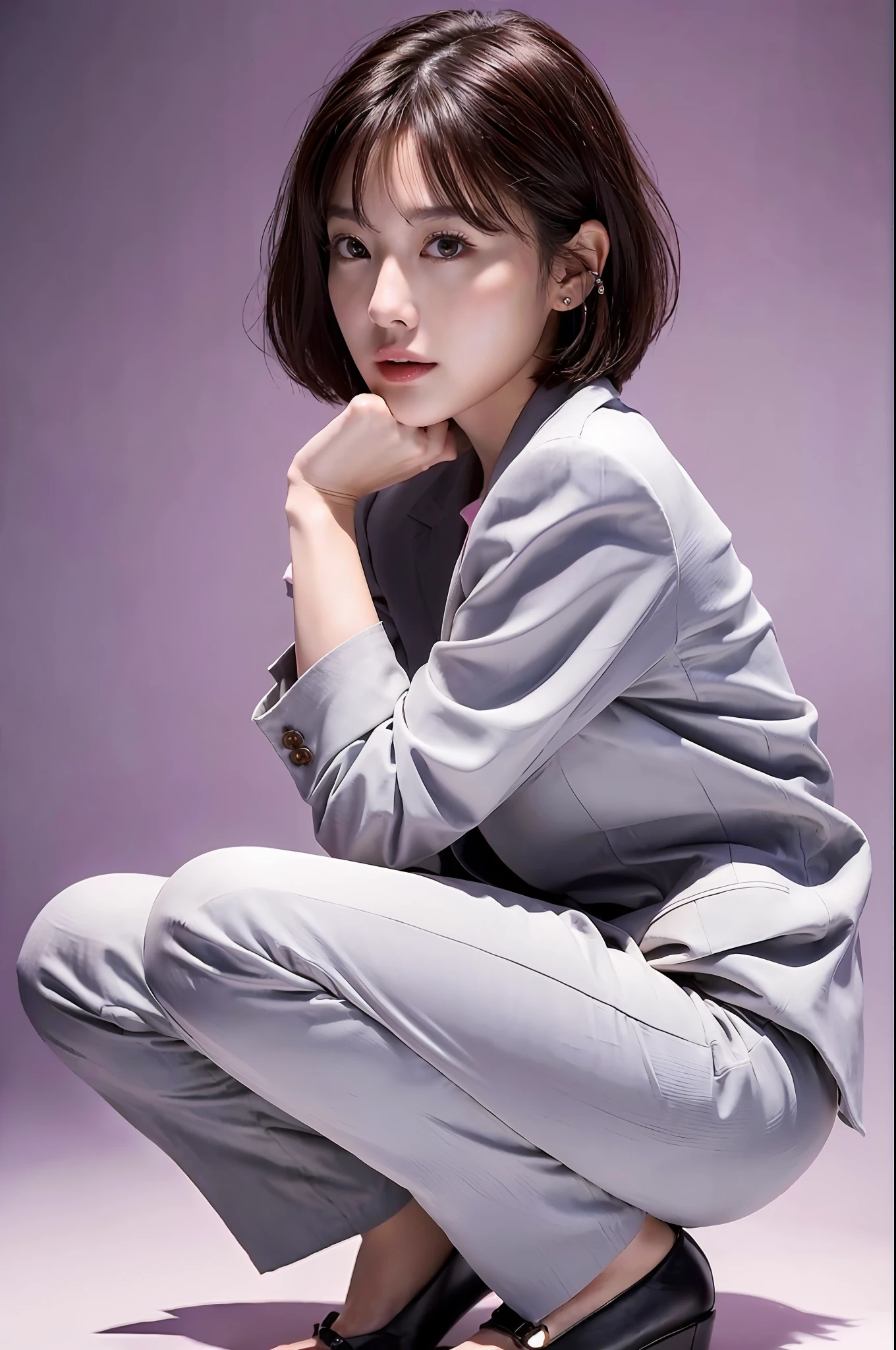 japanese beautiful woman,Ultra detailed skin,Ultra-fine,toView,Brown-eyed,drooing eyes,high detailing,(short-haired with bangs:1.2),(Photorealsitic:1.4),(Top image quality:2.0),(超A high resolution:1.0), (masterpiece:1.5),(pureerosface:1.5),big eye,Dynamic lighting,Bright pink and sparkling lipstick,Beautiful skin that shines white,Business suits,Slack Pants,20yr old,Squatting,sexypose,Beautiful body lines,