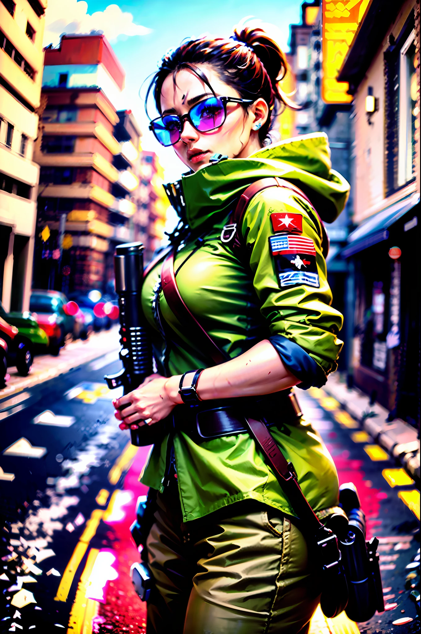 Cammy branco ((rabo de cavalo loiro cinza, sardas, pale skinned, olhos cinzas,delicate and soft lips)), Aviator glasses with transparent yellow lenses, jaqueta de couro (branca com detalhes pretos e vermelhos), regata branca amarrada, military office pants, coturno militar, aponta rifle para o observador, dedo no gatilho, holds gun with hand, sniper position,ao fundo guerra urbana na cidade de Moscou, extremamente realista 1:4