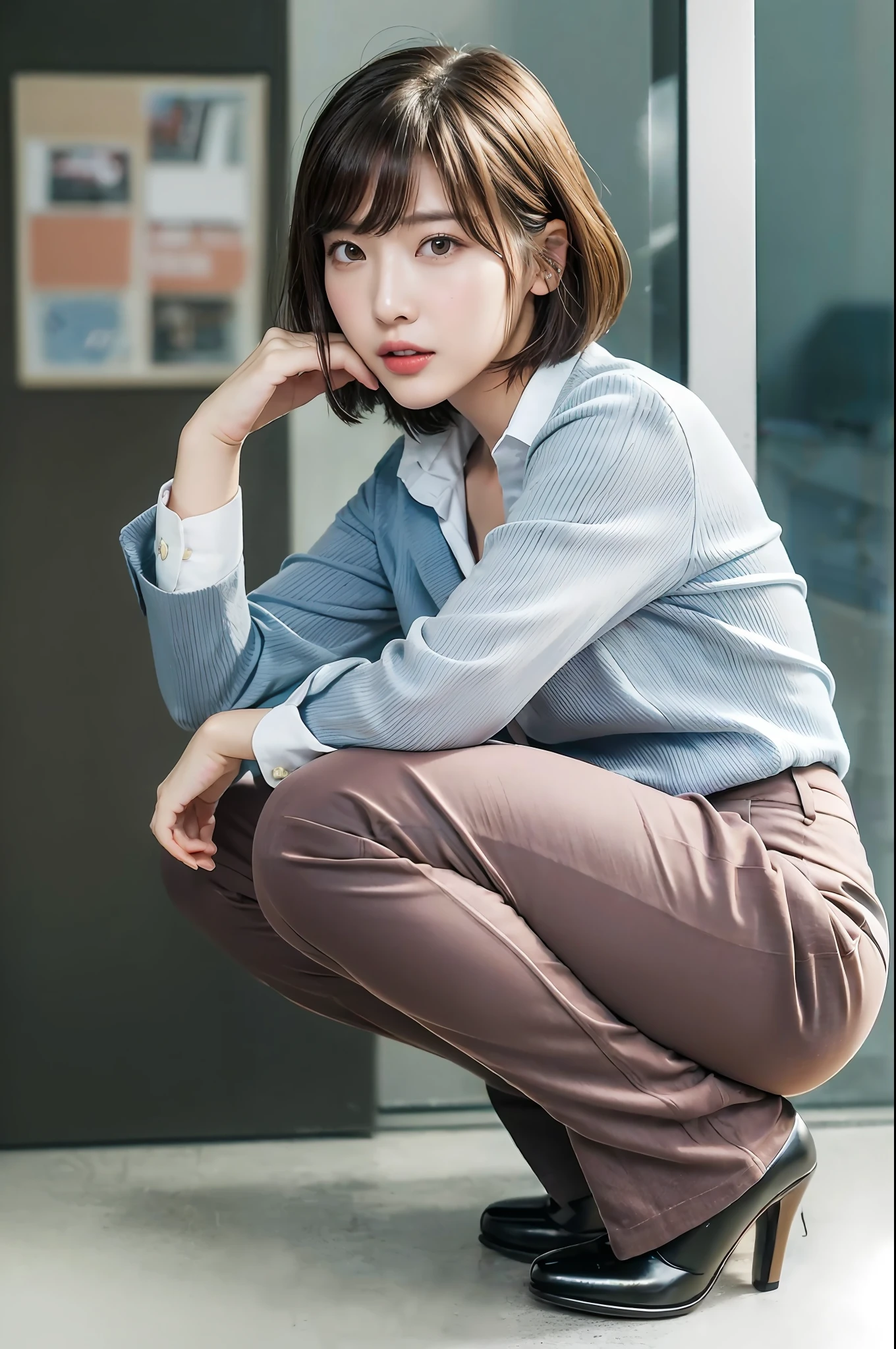 japanese beautiful woman,Ultra detailed skin,Ultra-fine,toView,Brown-eyed,drooing eyes,high detailing,(short-haired with bangs:1.2),(Photorealsitic:1.4),(Top image quality:2.0),(超A high resolution:1.0), (masterpiece:1.5),(pureerosface:1.5),big eye,Dynamic lighting,Bright pink and sparkling lipstick,Beautiful skin that shines white,Business suits,Slack Pants,20yr old,Squatting,sexypose,Beautiful body lines,