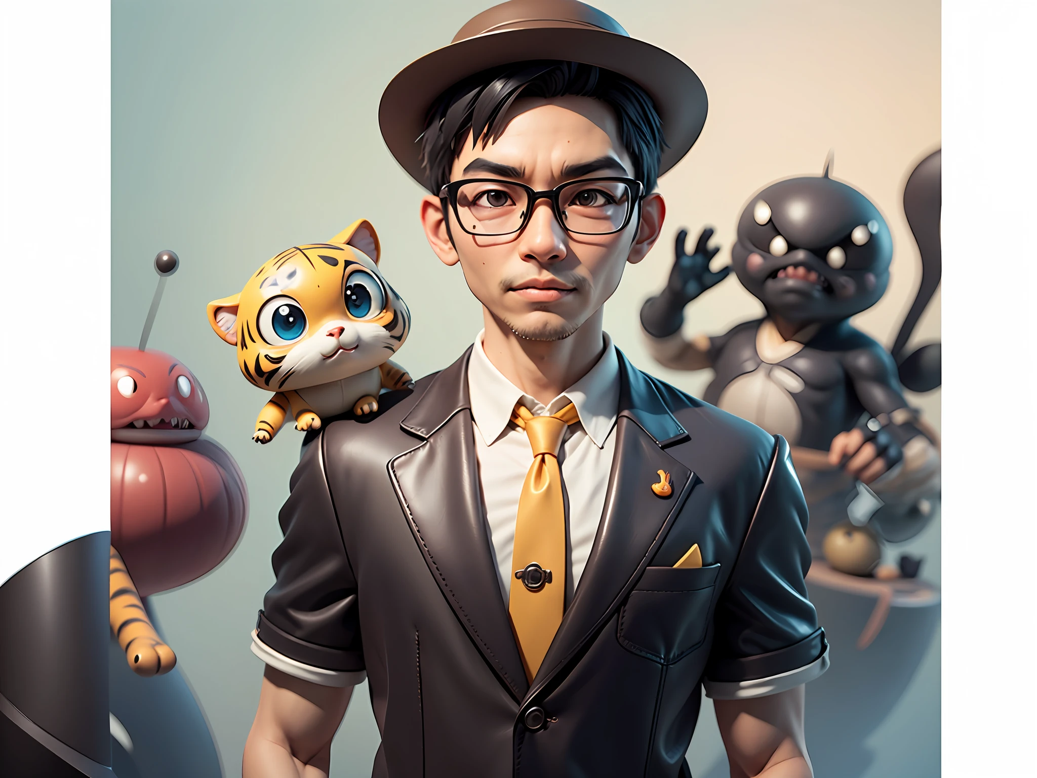 Young man with oriental face in leather hat, tiger, oriental face in formal suit, short black hair, silver glasses, digital painting, 3D character design by Mark Clairedon and Pixar and Hayao Miyazaki and Akira Toriyama, the illustration is a high-definition illustration in 4K resolution with very detailed facial features and cartoon-style visuals.