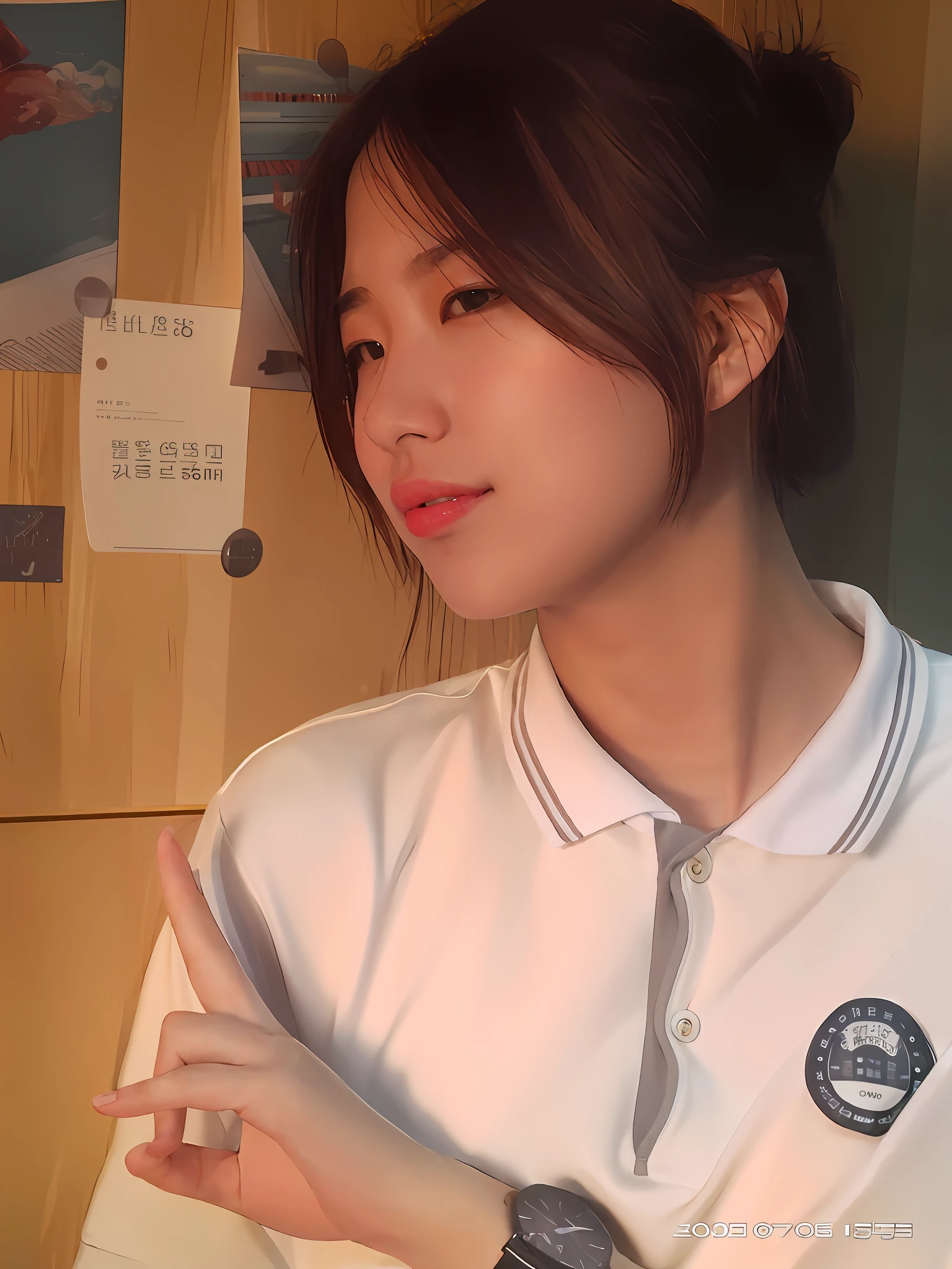 The Araved woman in a white shirt pointed to something, inspirado por Kim Jeong-hui, portrait of female korean idol, inspired by Sim Sa-jeong, young lovely Korean faces, Choi Hyun-hwa, lofi portrait, inspired by Gang Se-hwang, with short hair, Soft portrait shot 8 K, Surrealism female students, jaeyeon nam,School uniform JK