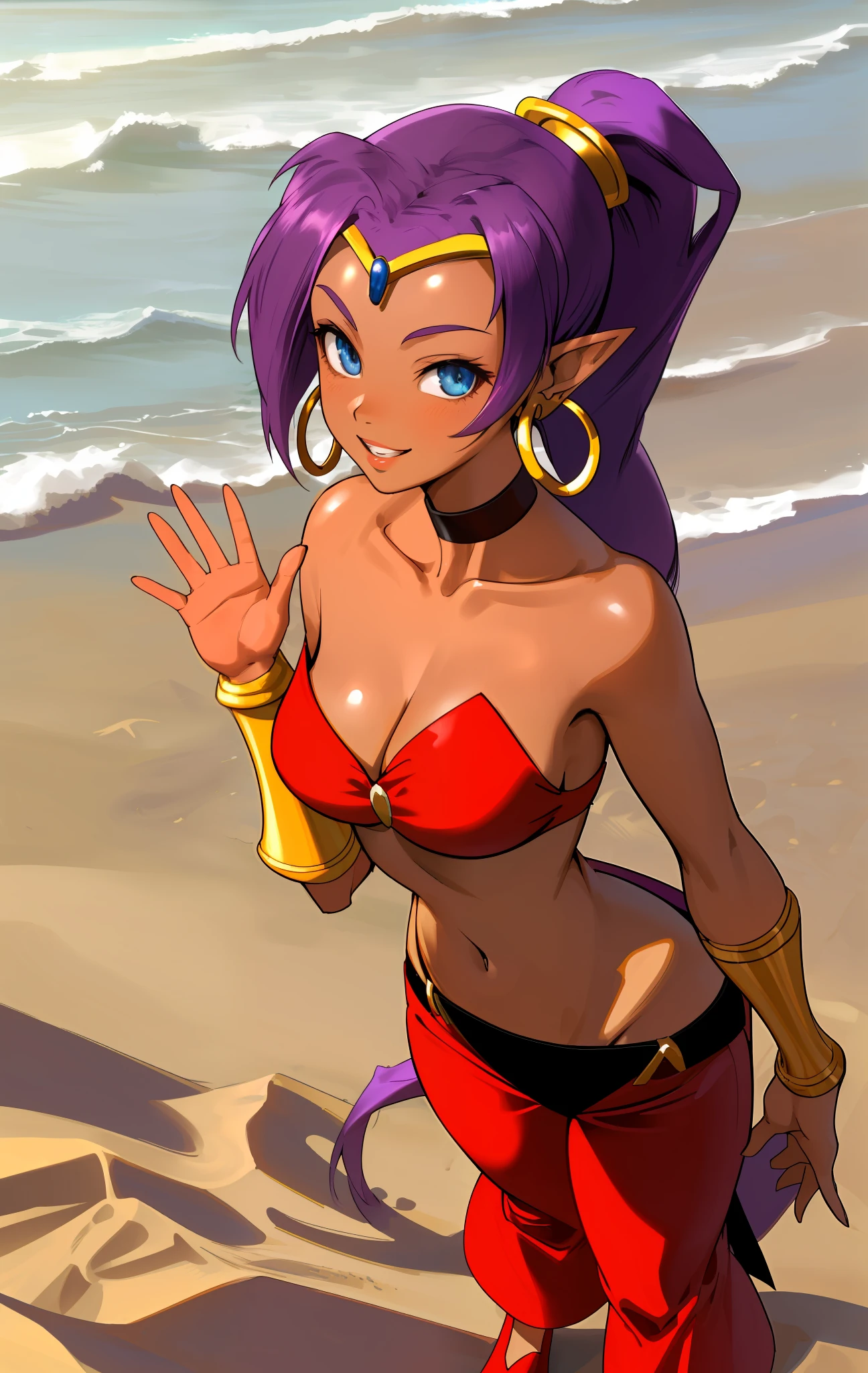 [Shantae], ((High definition)), ((detailed shading)), ((beautiful solo portrait)), ((1girl)), ((full body)), ((anime girl)), {attractive; (brown skin, (purple hair; (verylong ponytail:1.2)), (cute blue eyes), (happy smile; white teeth), (red strapless bikini), (red pants), (red flats), (bracers, tiara, hoop earrings, choker), curvaceous hips, beautiful lips}, (standing on sand; looking at viewer, waving at viewer), [background; beach, sunny, sun rays]