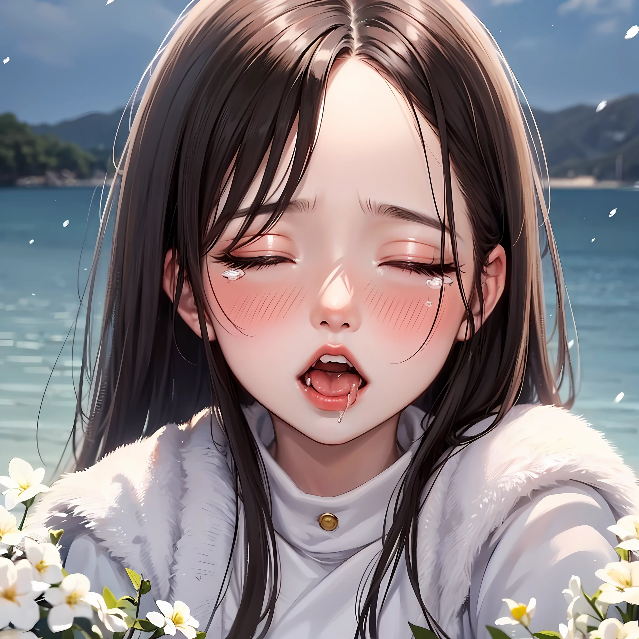 black hair, long hair, forehead mark, closed eyes, tears, Sea of white flowers, Snowy days, ear blush, full blush, heart in eye, heavy breathing, drooling, naughty face, full-face blush, saliva trail, oral invitation, anime, high detail, super detail, 16k, best quality, best quality, best quality, high details --auto