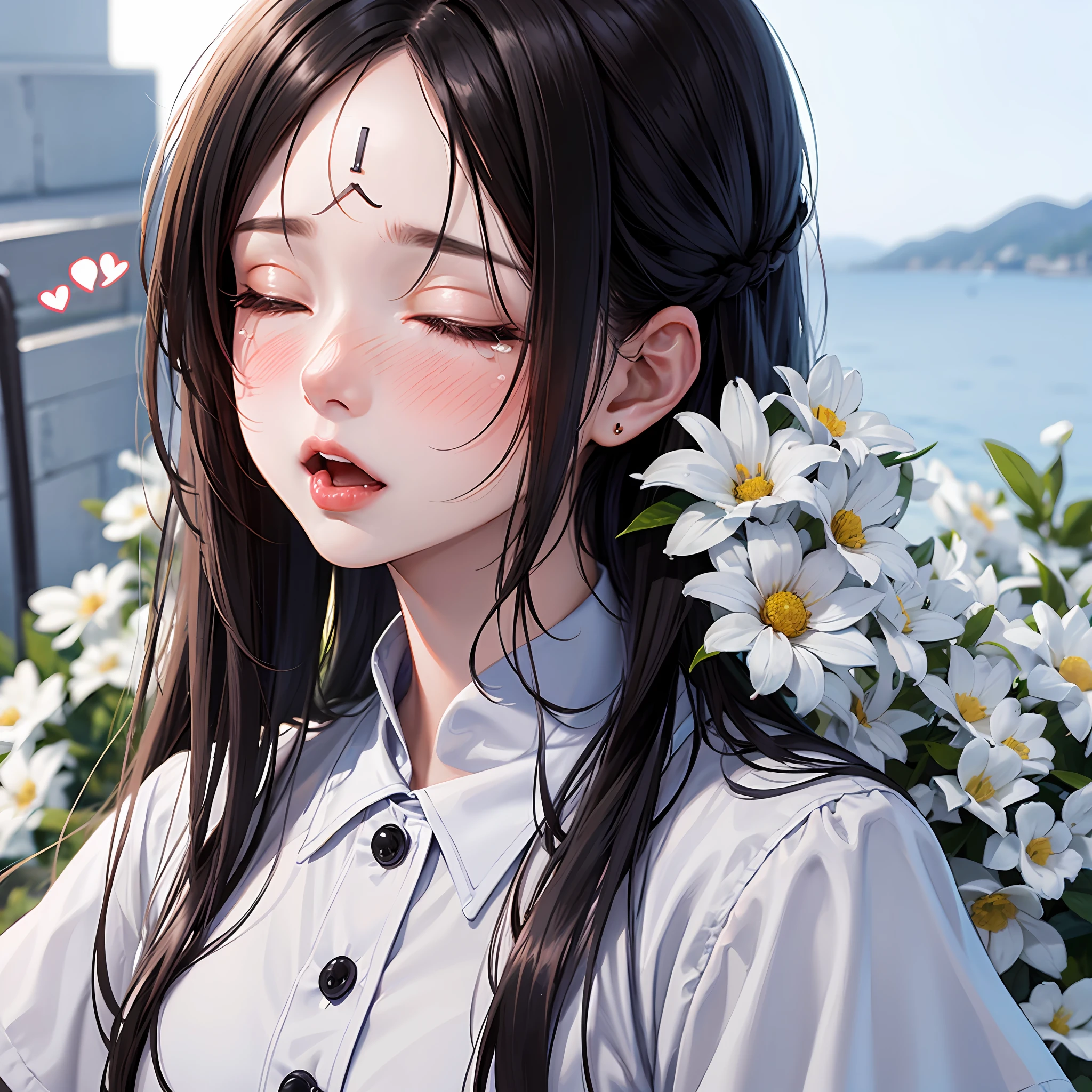black hair, long hair, forehead mark, closed eyes, tears, Sea of white flowers, Snowy days, ear blush, full blush, heart in eye, heavy breathing, drooling, naughty face, full-face blush, saliva trail, oral invitation, anime, high detail, super detail, 16k, best quality, best quality, best quality, high details --auto