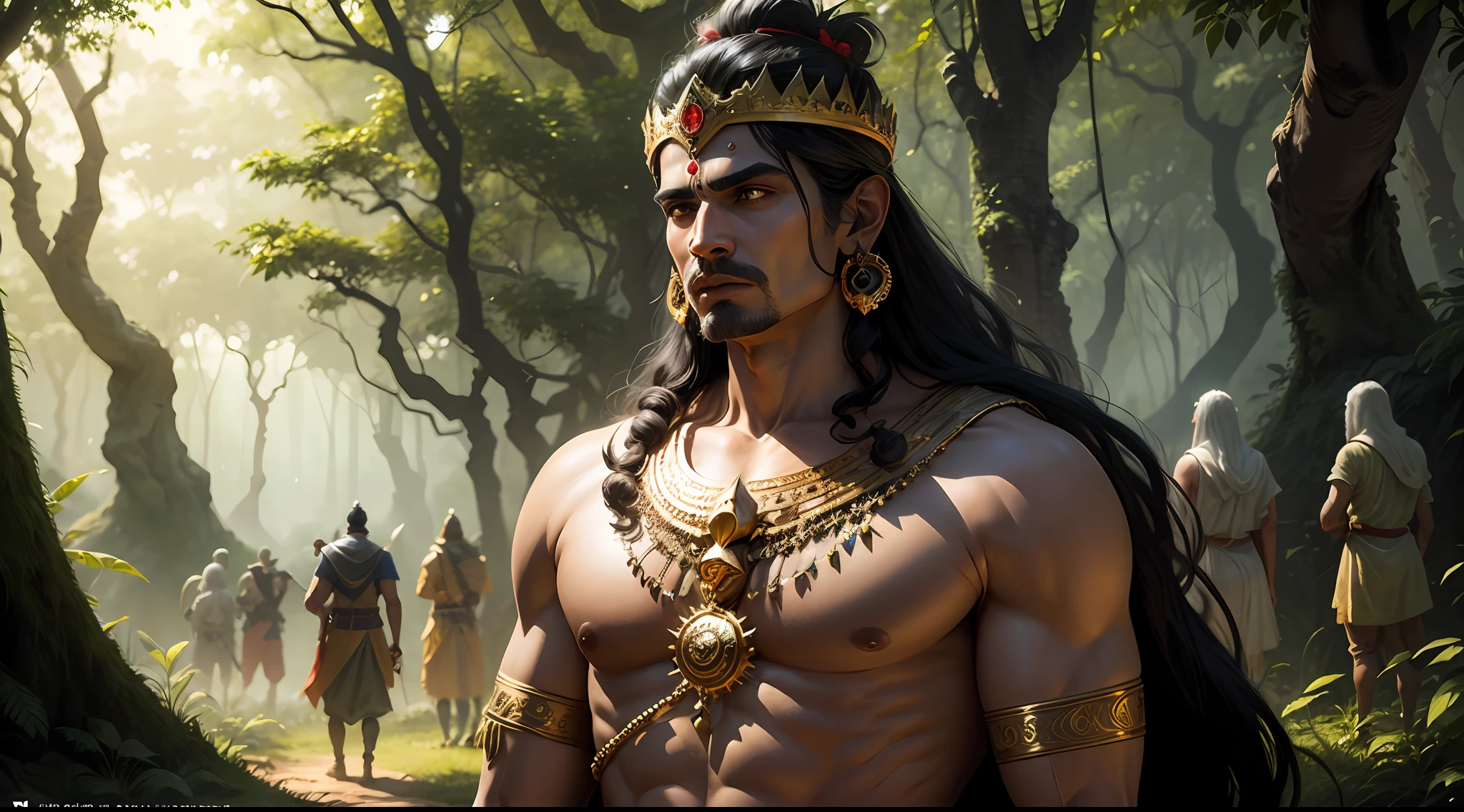 Shiva the indian god , 8k ultra realistic ,a king in the jungle with his army , king in the forest with many army and fairy the are many fary in a jungle with king , and king army , there are may fairy