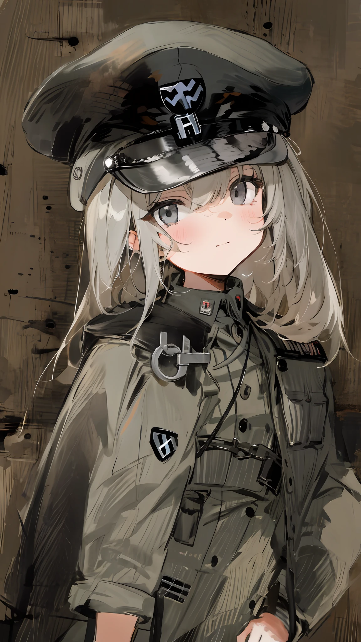 Light gray hair,dark gray eyes,handcuff,Petite girl,The face is solemn,Military caps and uniforms,Fascist Nazis,The right eye is blocked by hair