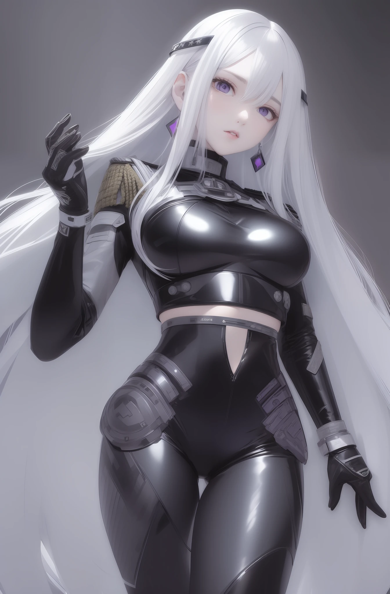 Purple hair big breasts，long whitr hair，Army uniform，Eyes resolute，ID photo，high - tech