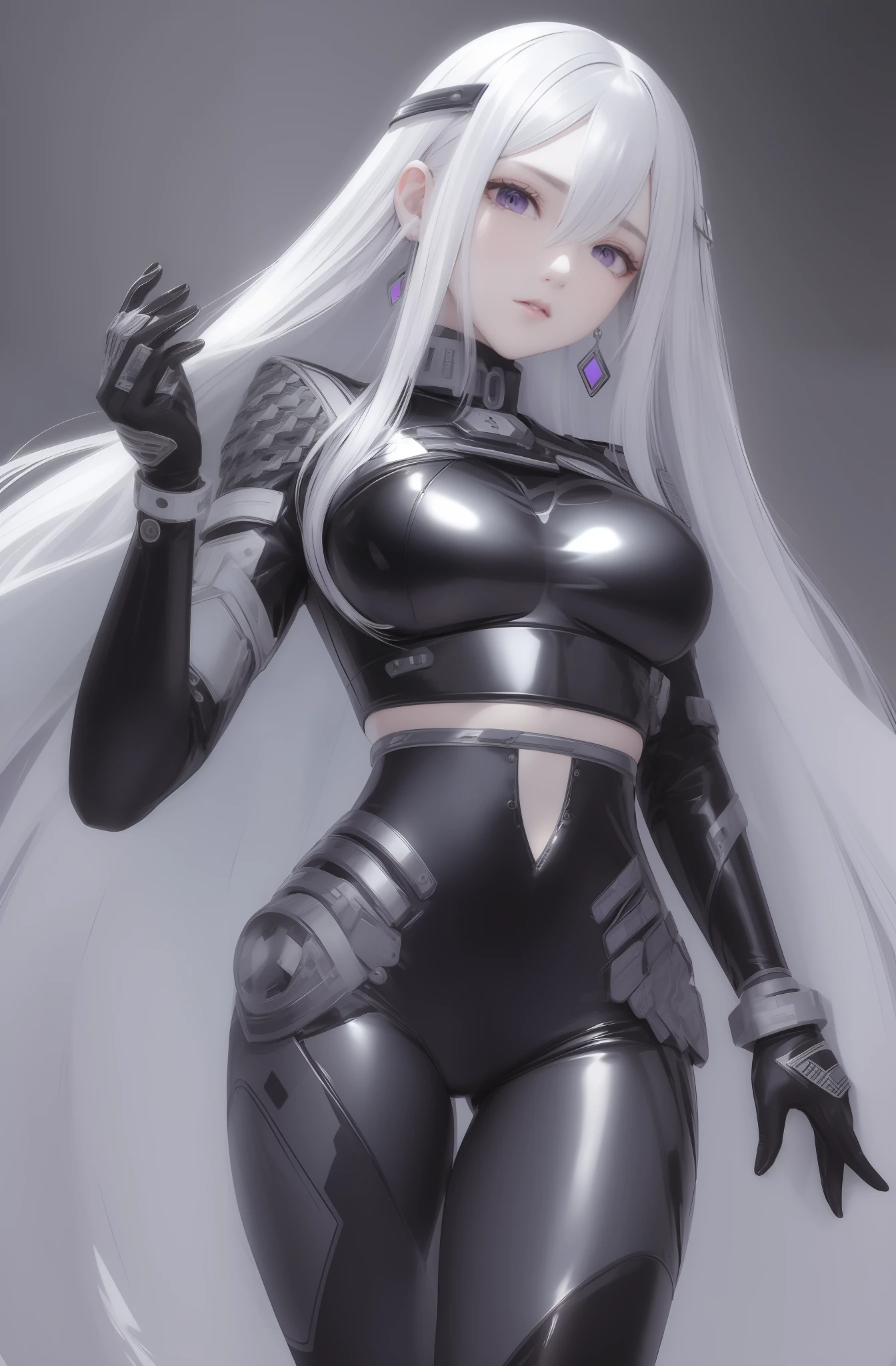 Purple hair big breasts,long whitr hair,Army uniform,Eyes resolute,ID photo,high - tech