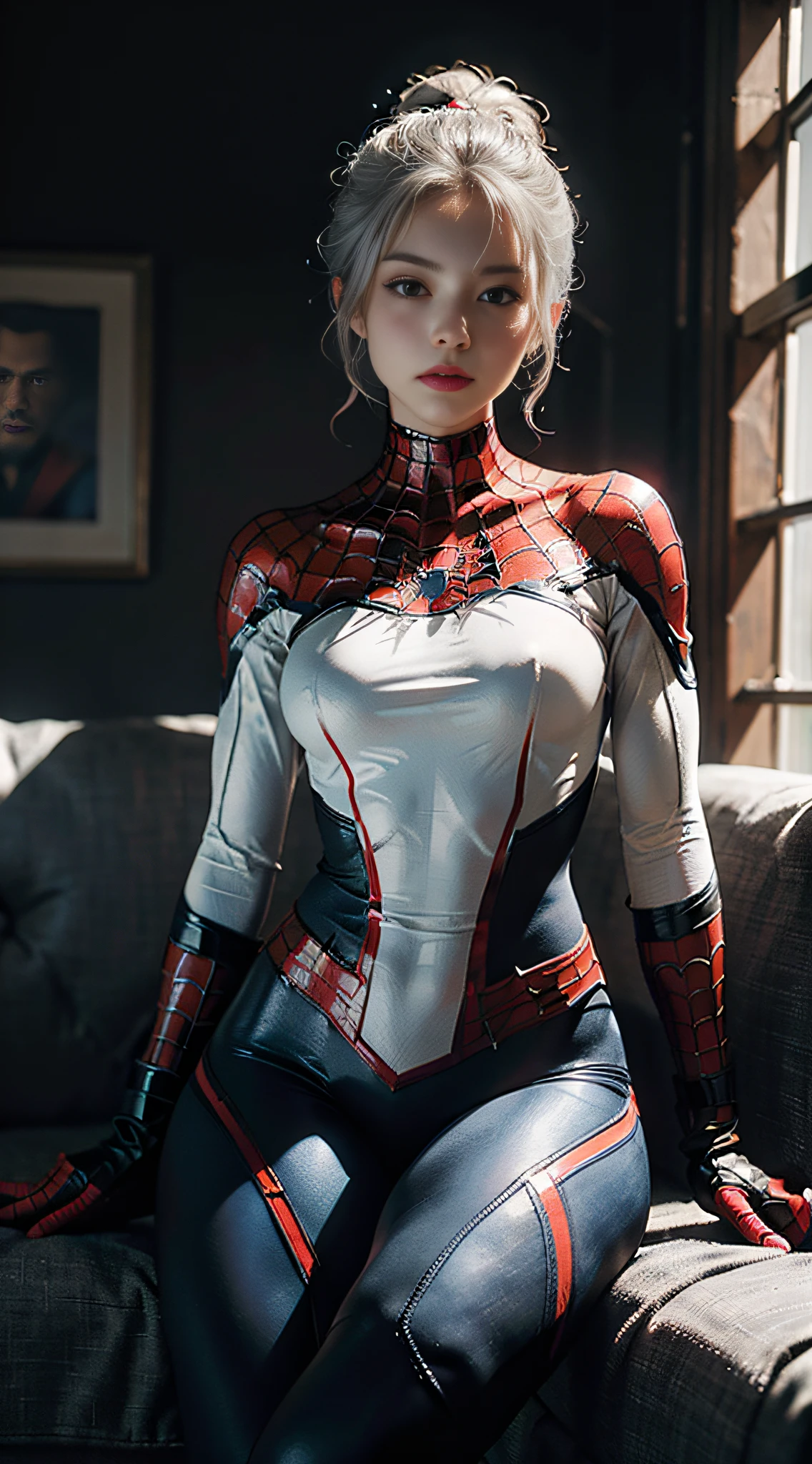 (CG Unity 8K wallpaper in extreme detail,tmasterpiece,Highest image quality),(Delicate light and shadow,The picture is highly dramatic,Cinematic lens effect),A girl in a white Spider-Man costume,Silver-gray hair color,From the Spider-Man parallel universe,Wenger,Marvel,Spidey,sitting in the couch,dynamicposes),(Exceptional detail,The lighting effect is outstanding,Vista wide angle),(Excellent rendering,Enough to stand out from the crowd),(title: Exposed female physique) , The focus is on the white Spider-Man costume,Complex spider textures