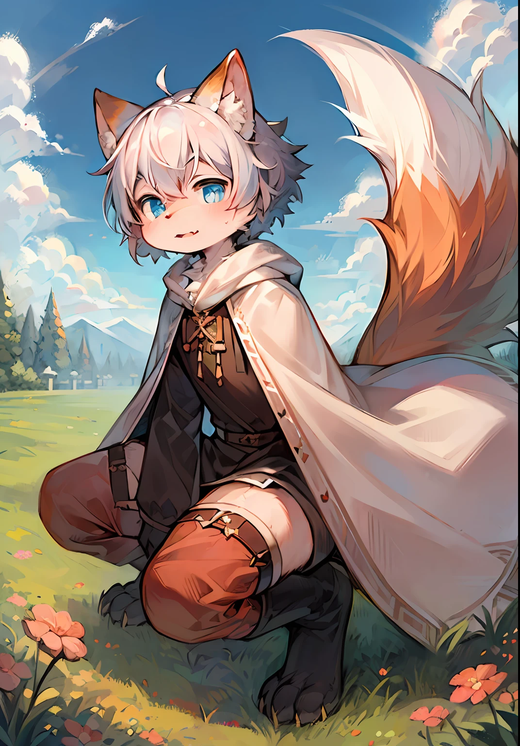 ,masterpiece,high quality,abstract res,digital painting\(artwork\), by dagasi, yupa,kiyosan,(anthro,fluffy fur,character focus:1.1),anthro male cat,short hair,portrait , eyes with brightness, in a panoramic view, Character focus.(detailedbackground:0.7), 独奏, shaggy, shaggy male, malefocus, anthr,(Full Body Furry, Fluffy tail, White fur, Sky blue eyes, Silvery hair:1.2), (long canines、cloaks:1.2),(In the daytime、lawns、)