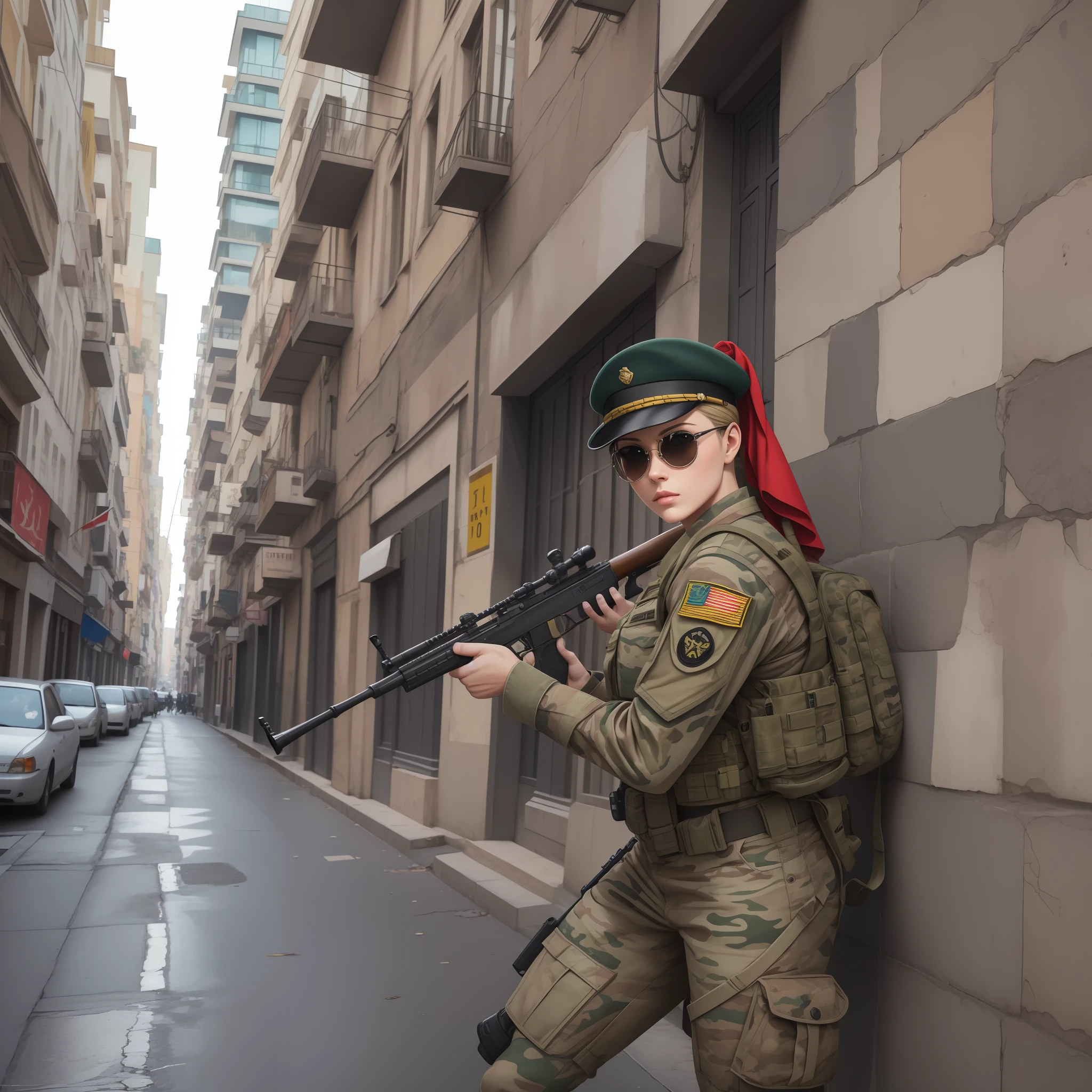 Cammy branco (rabo de cavalo loiro cinza, sardas, pale skinned, olhos cinzas,delicate and soft lips), Aviator glasses with transparent yellow lenses, jaqueta de couro branca com detalhes pretos e vermelhos, regata branca amarrada, military office pants, coturno militar, aponta rifle para o observador, dedo no gatilho, sniper position,ao fundo guerra urbana na cidade de Moscou, extremamente realista, dinamic pose, Action Pose
