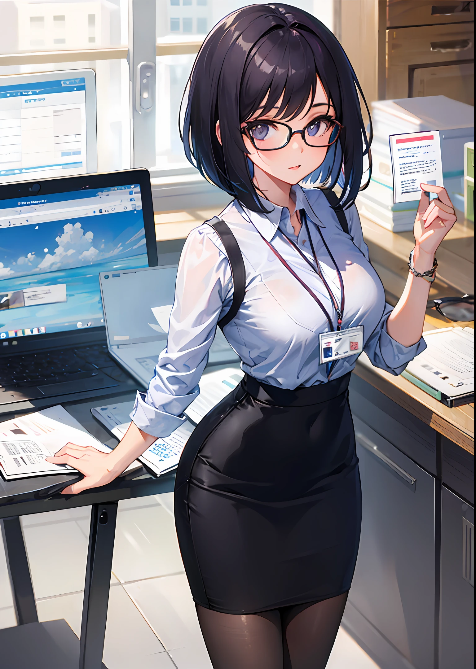 masterpiece, best quality, 1girl, bob cut, office lady, sleeveless, pencil skirt, glasses, id card, looking at viewer,