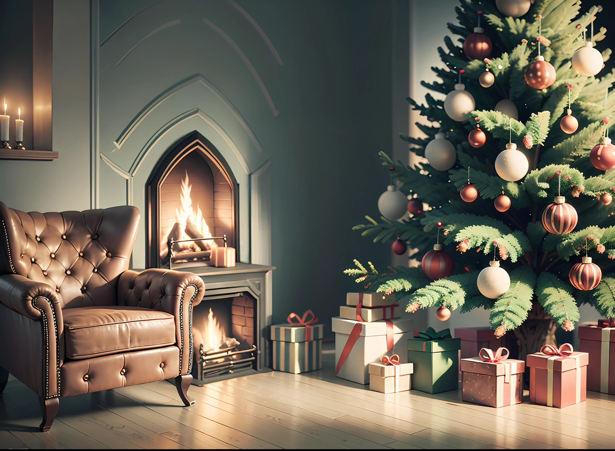 front view full christmas tree, armchair and fireplace, real photography, super realistic rendering, realistic rendering, 8k, --auto --v6 --s2