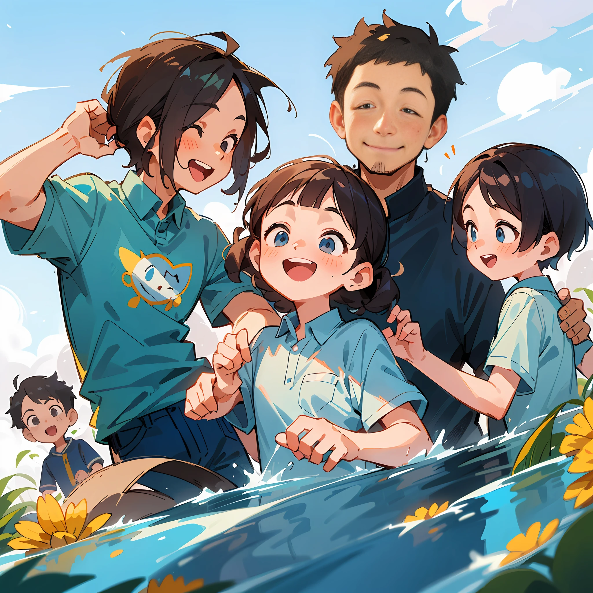 (tmasterpiece,Best quality at best),(((2 people,Mom and dad with 3 children playing,Two of the older sisters and one younger brother))),ssmile,finely detailed facial features,Clouds,suns,Clean blue sky,Smile and have fun,No hands exposed,(The air is filled with water mist:1.5)