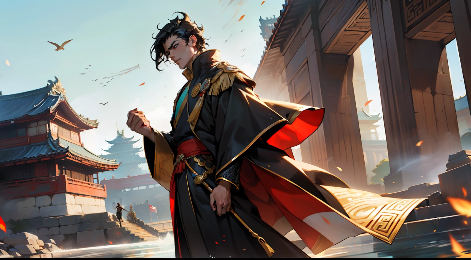 33. (The boy, with (((Black hair))), dressed in a black coat, his kingly air and outstanding demeanor intact, firmly declares that he will never surrender, vowing to change the destiny) (Background: A magnificent ancient imperial palace, resplendent with gold and jade).