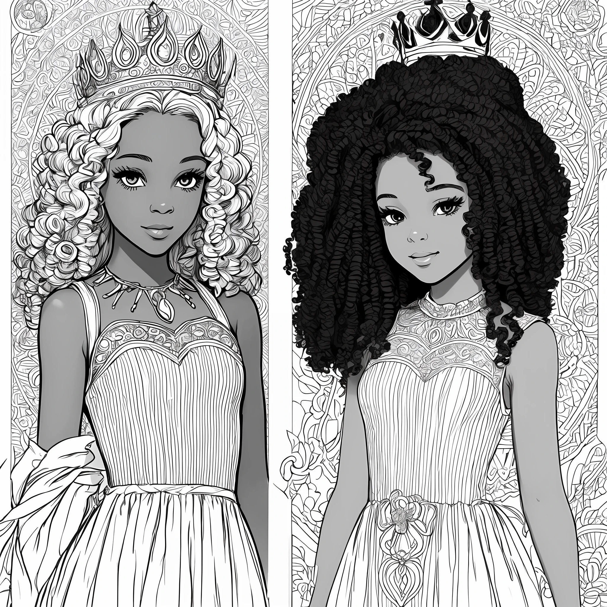 Drawing of a 13-year-old black afro princess with curly curly hair tied with a crown on her head (coloring book page) desenho estilo Disney 1970 infantil para colorir vestido sem cor sorrindo obra prima (fundo branco) Simple linear strokes to color full body with afro black skin color and white dress for a coloring book page with medium hair masterpiece (vestido simples) . White dress variations to color different dresses without color alone white background alone Disney style drawing -- --auto