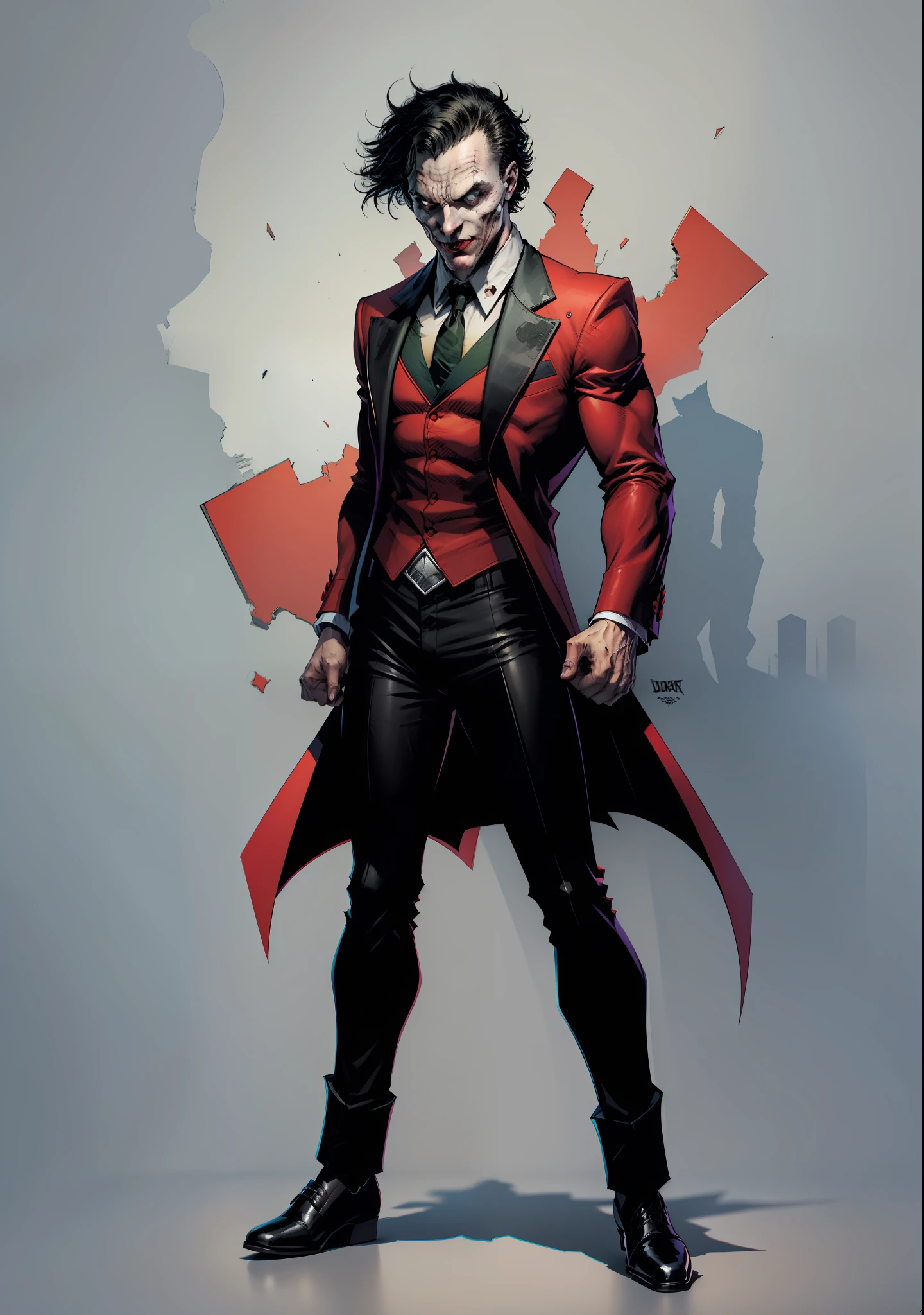 a man, black hair, pale face, red suit, black pants, social shoes, black eyes and pupils, red hat, one side of his mouth is completely torn showing his scary gums, super Villain, inspired by the joker, full body, reference sheet, T pose, white background