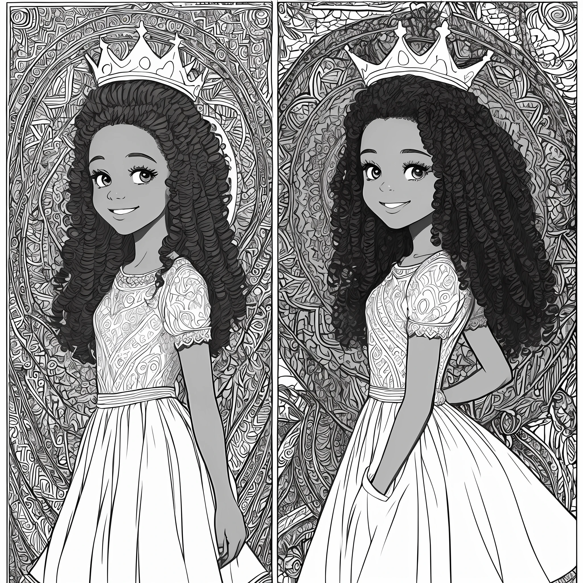 Drawing of a 13-year-old black afro princess with curly curly hair tied with a crown on her head (coloring book page) desenho estilo Disney 1970 infantil para colorir vestido sem cor sorrindo obra prima (fundo branco) Simple linear strokes to color full body with afro black skin color and white dress for a coloring book page with medium hair masterpiece (vestido simples) . White dress variations to color different dresses without color alone white background alone Disney style drawing -- --auto